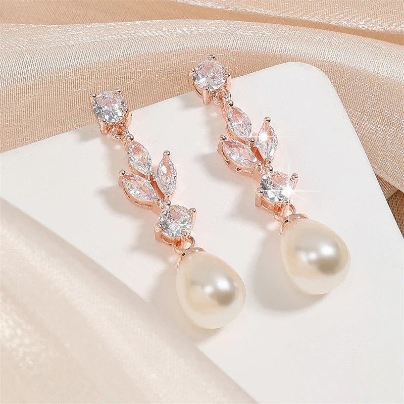 Other Leaf Dangle Earrings Zircon Imitation Pearl Ear Jewelry Gift Size ONE SIZE - 2 Thumbnail