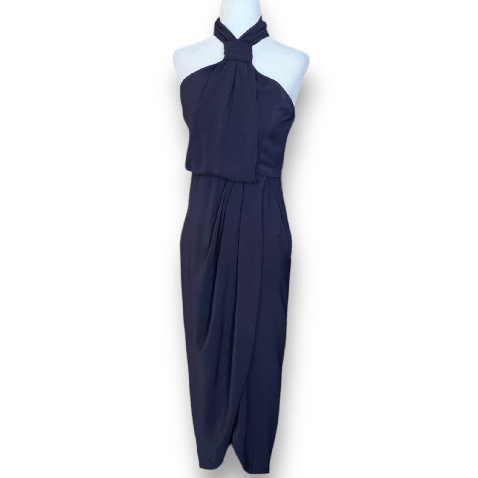 Shona Joy Revolve Knot Draped Halter Dress Navy Blue Maxi 4
