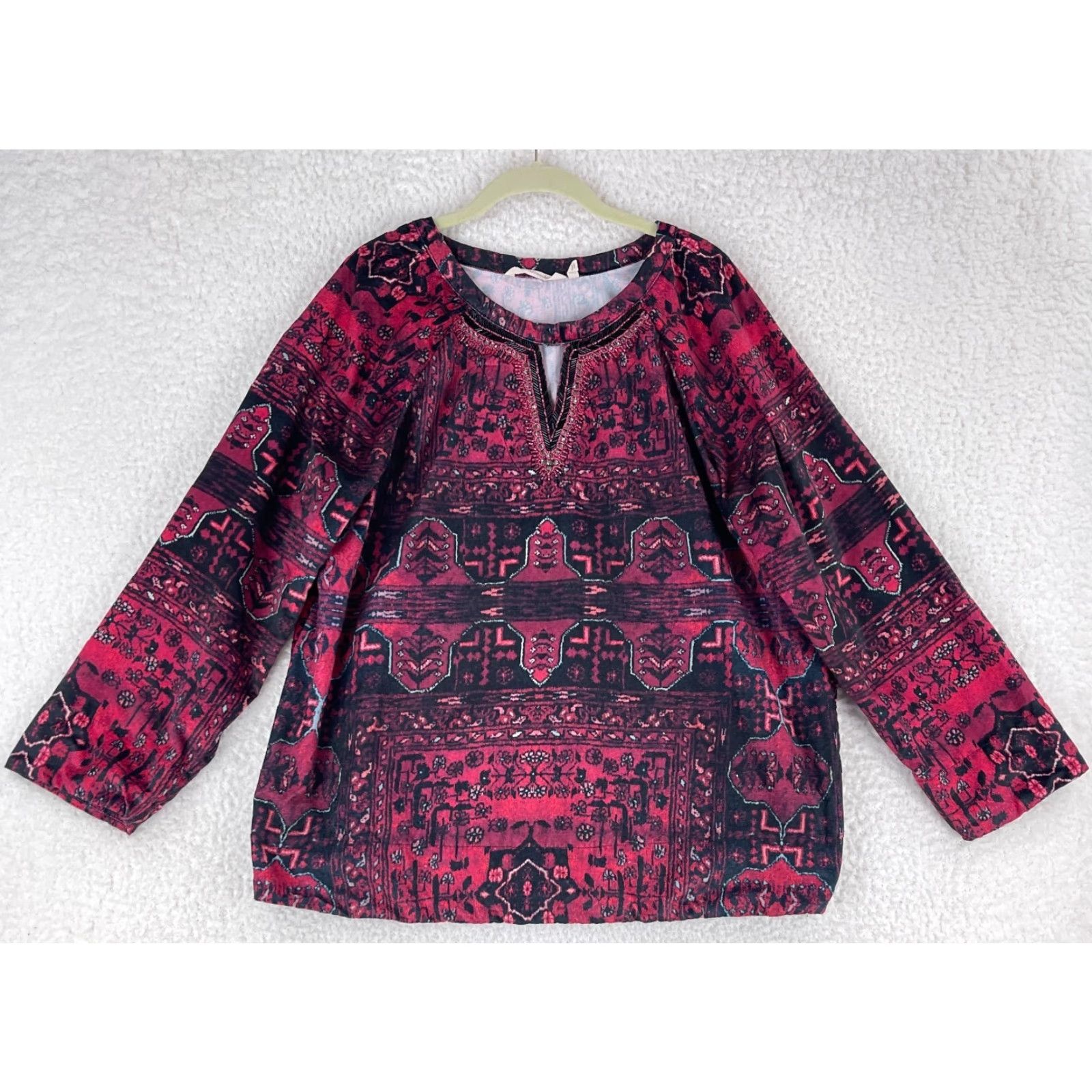 Soft Surroundings Soft Surroundings Tunic Shirt Womens Large Red Geometric Long Sleeve Pullover V-Neck Size L / US 10 / IT 46 - 2 Thumbnail