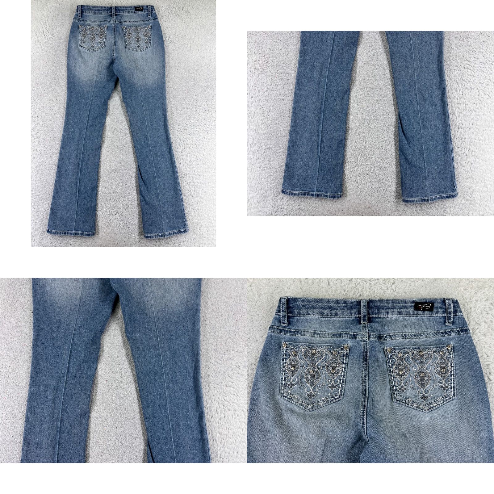 Vintage Earl Jean Jeans Women Blue Denim Slim Boot Mid 27x29 5-Pocket Embroidered Bling Belt Loop Zipper Hemmed Size 27" / US 4 / IT 40 - 9 Thumbnail