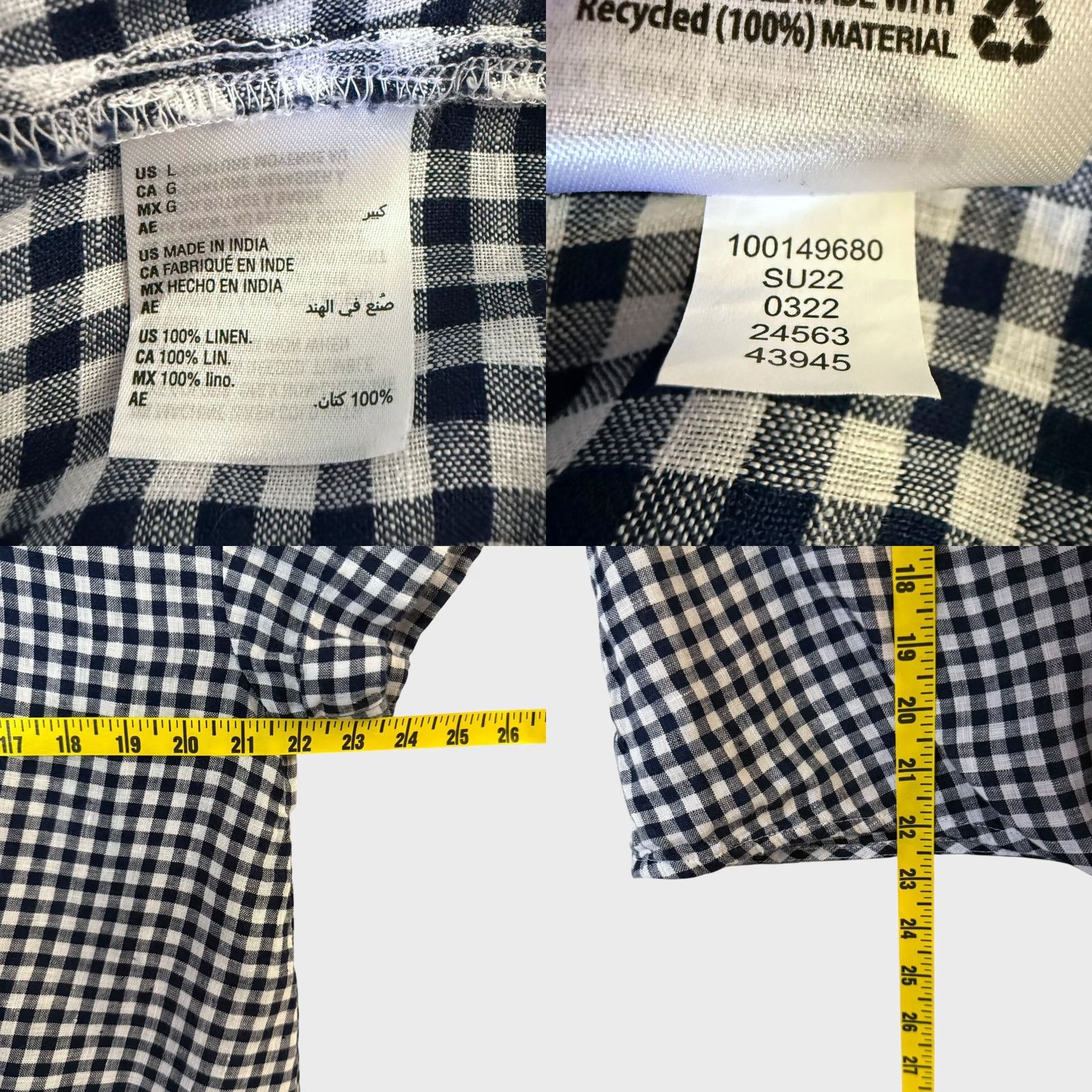 Charter Club Charter Club Linen Tie-Waist Gingham V-Neck Top Blue & White Women's Large Blouse Size L / US 10 / IT 46 - 8 Thumbnail