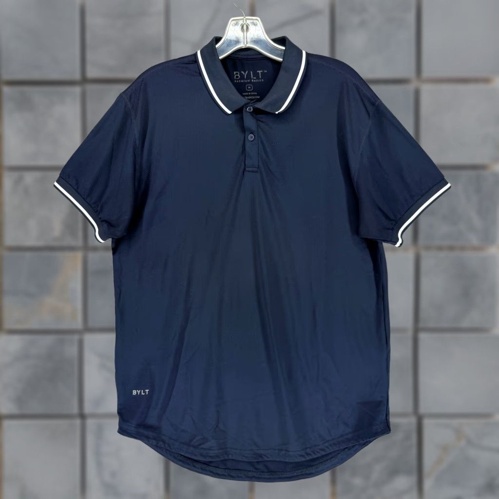Vintage BYLT Premium Basics Polo Shirt Navy White Trim M Adult Blue Solid Drop-Cut SS Polo Short Sleeve Athletic Size US M / EU 48-50 / 2 - 1 Thumbnail