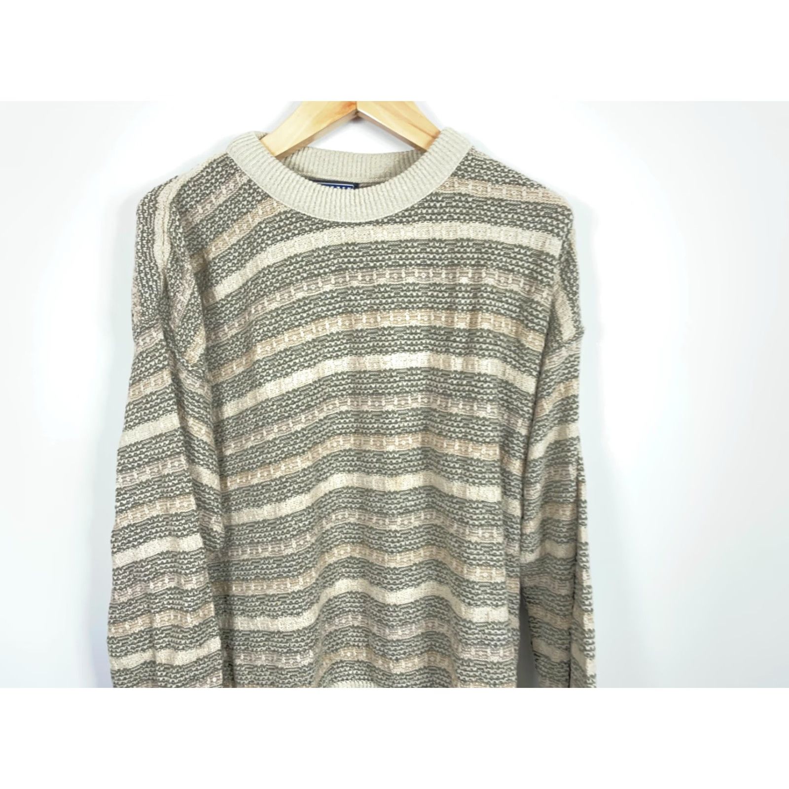 Jantzen VINTAGE Jantzen Sweater Mens Large Beige Crewneck Knit Striped Textured Chunky Knit 90s Dad Style Pullover Size US L / EU 52-54 / 3 - 4 Thumbnail