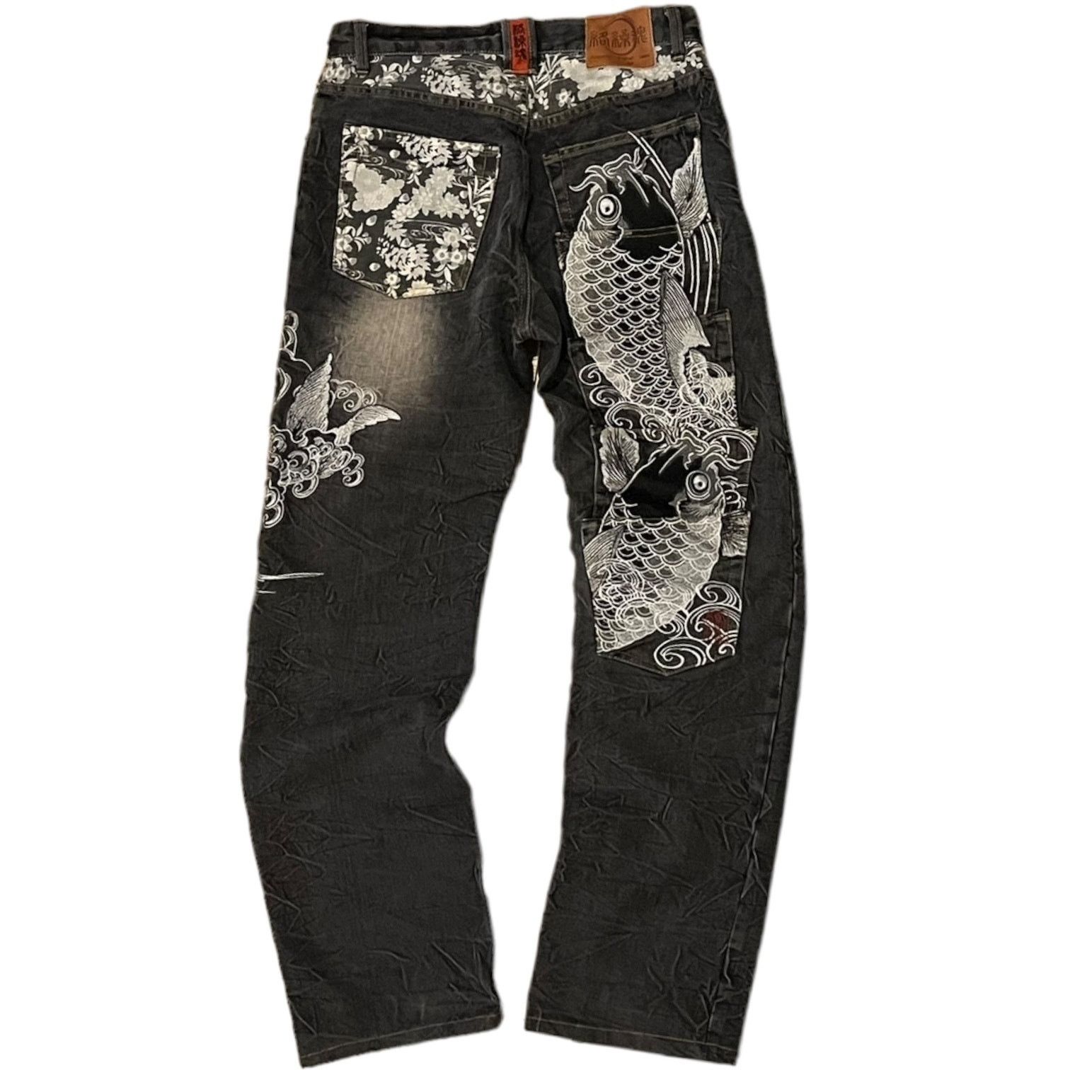 image of Vintage Japanese Eccentric Koi Fish Faded Denim Jeans in Black, Men's (Size 31)