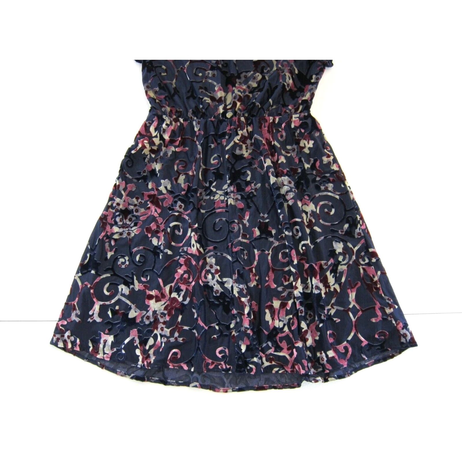 Vintage Bongo Blue Pink Floral Stretch Velvet High Neck Boho Sheath Empire Dress Small Women Short Sleeve Knee Length Size S / US 4 / IT 40 - 6 Thumbnail