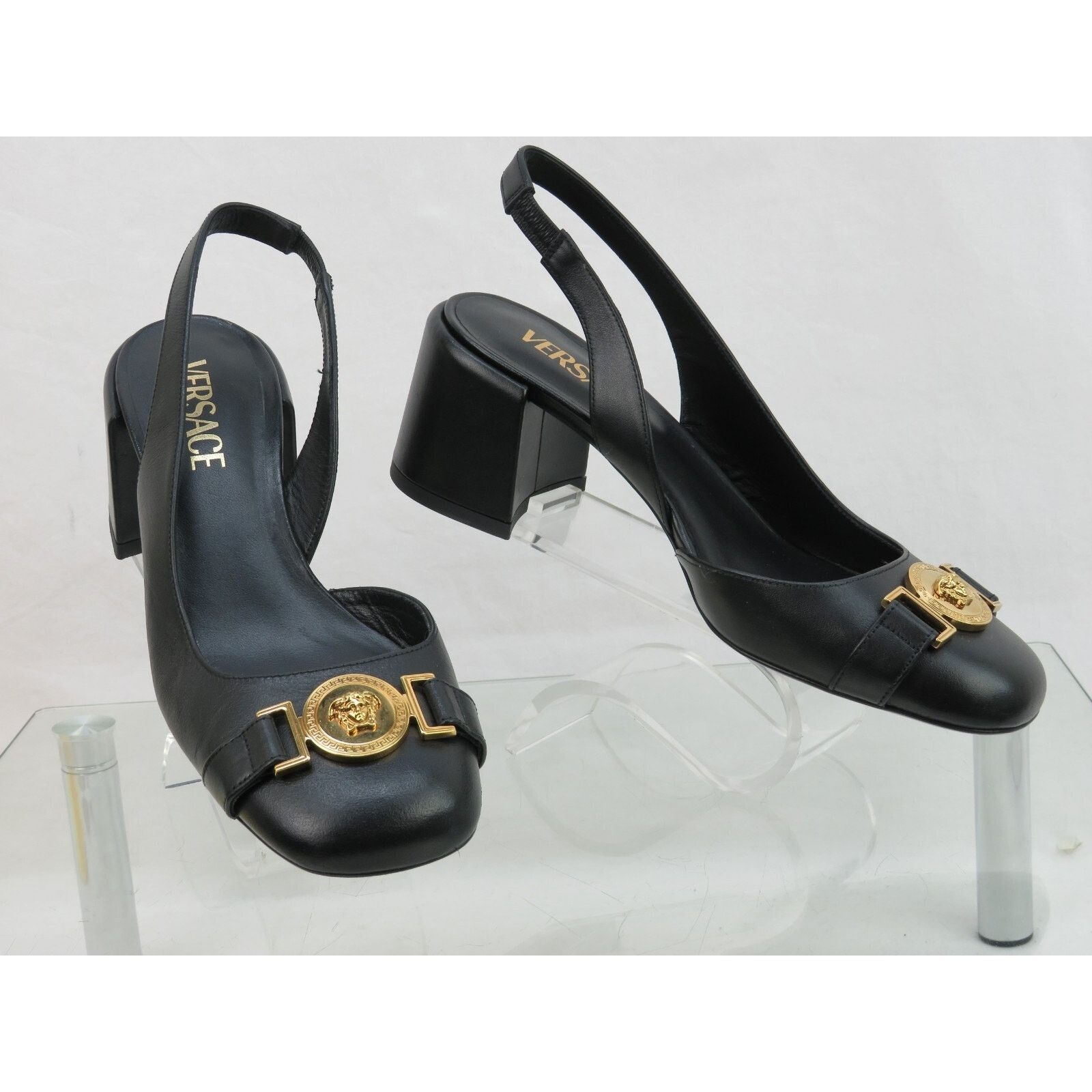 Versace VERSACE BLACK LEATHER GOLD MEDUSA SANDALS LOW HEEL PUMPS 40 Size US 10 / IT 40 - 2 Thumbnail