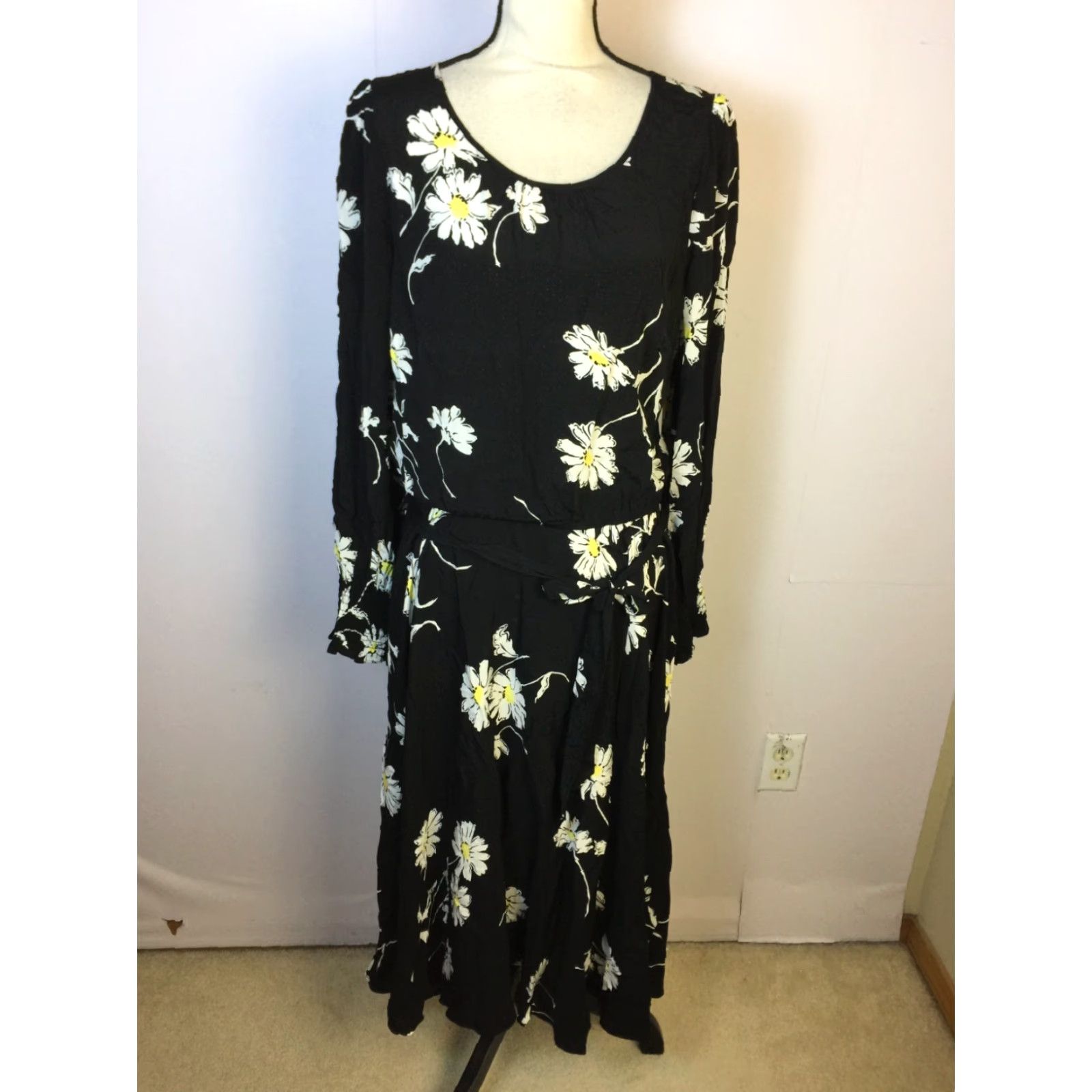 talbots black dresses Black Flared Sleeve V-Neck Midi Dress