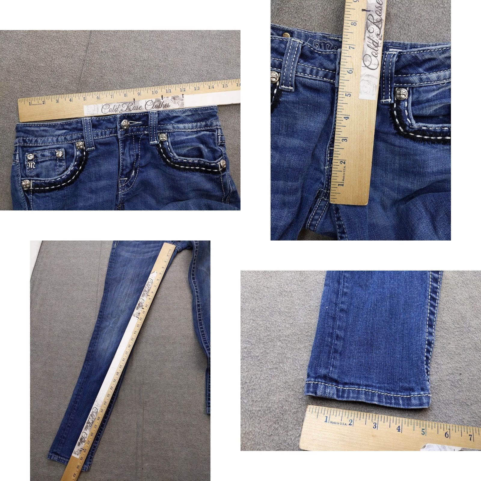 Miss Me Miss Me Jeans Womens 27x33 Blue Skinny Low Rise Distressed Rhinestone Embroidered Pocket Slim Stretch Denim Jeans Size 27" / US 4 / IT 40 - 8 Thumbnail