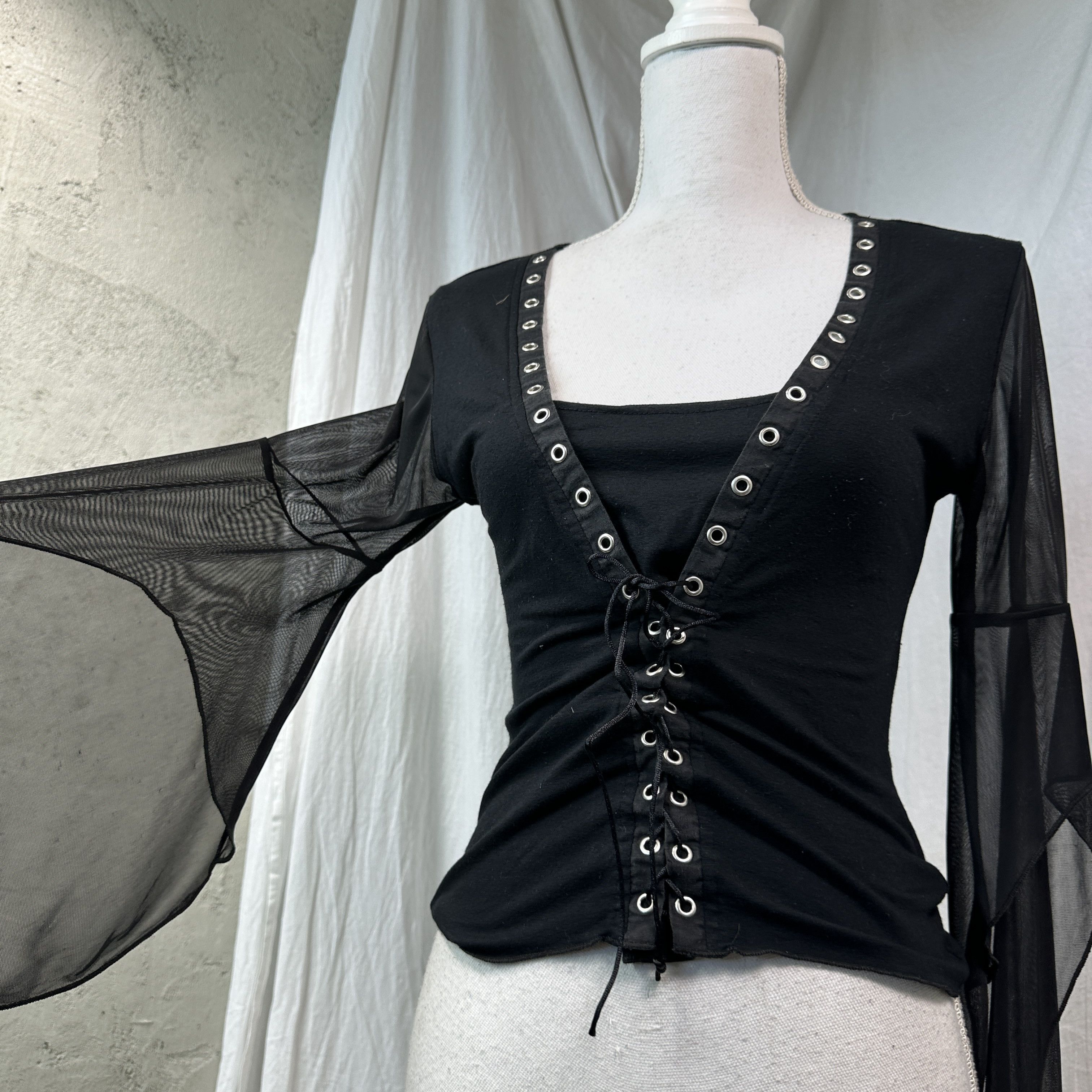 Vintage Vintage Avant Garde Lacing Mesh Flared Sleeves Corset 00s Size S / US 4 / IT 40 - 4 Thumbnail