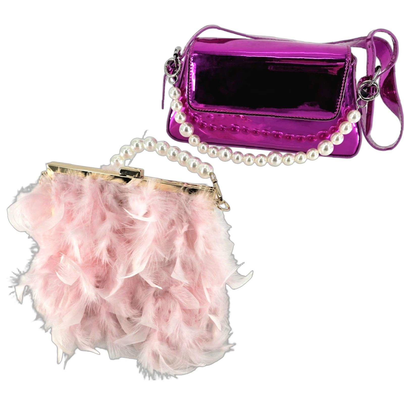 2 lot Feather Clutches Purses Women Bag Pearl Fluffy Evening Handbags Hot Pink