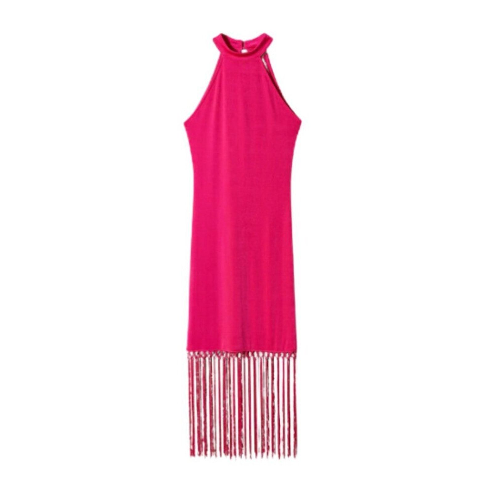 Mango Mango Halter Neck Fringed Pink Fuchsia Dress NWT Size 6 | Grailed