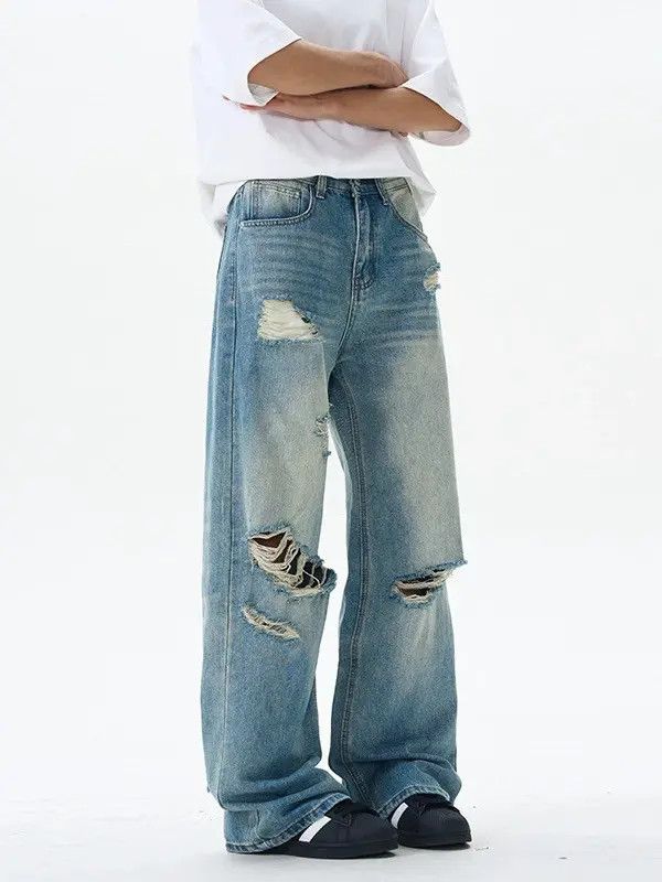 Japanese Brand Kei Men's high street trend ripped distressed straight jeans Size US 32 / EU 48 - 3 Thumbnail