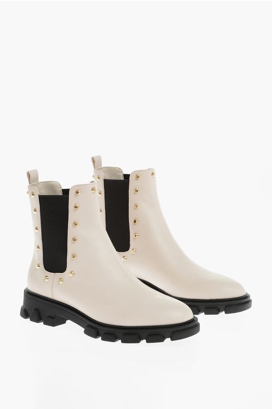 image of Michael Kors Michael Leather Ridley Gore Chelsea Boots With Golden Studs in White, Women's (Size 7)