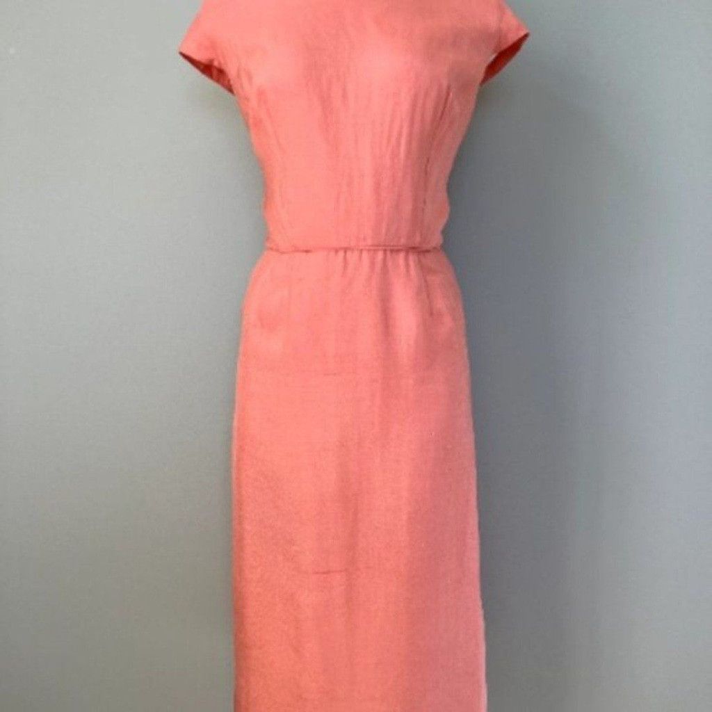 Vintage Vintage 1950s Peach Silk Linen Short Sleeve Summer Dress Size L / US 10 / IT 46 - 2 Thumbnail