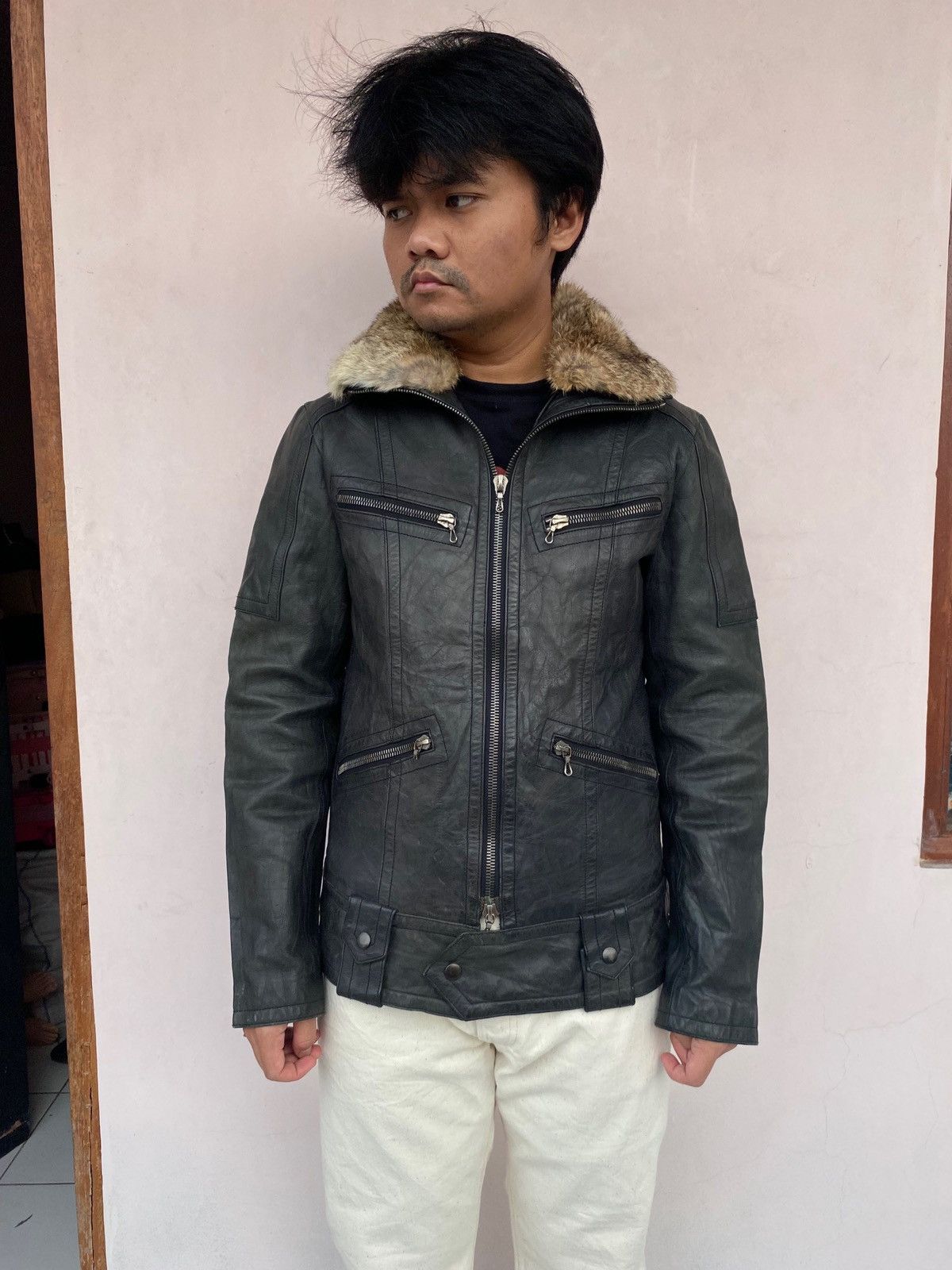 2000s Shellac - Trim Fur Biker Leather Jacket Riri Zipper