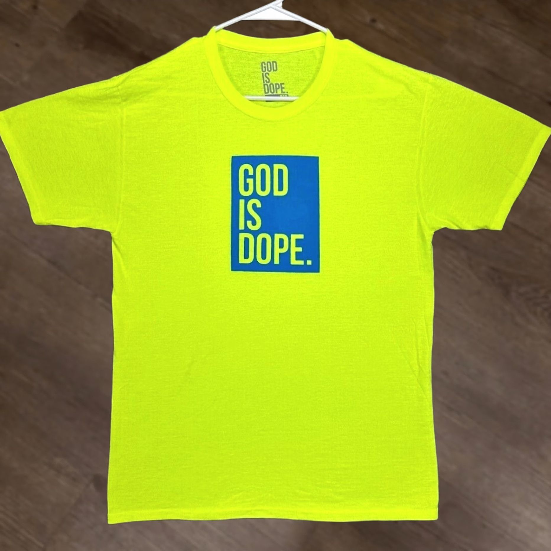 Vintage God Is Dope T-Shirt Mens Medium Neon Green Graphic Print Crew Neck Tee Size US M / EU 48-50 / 2 - 1 Thumbnail