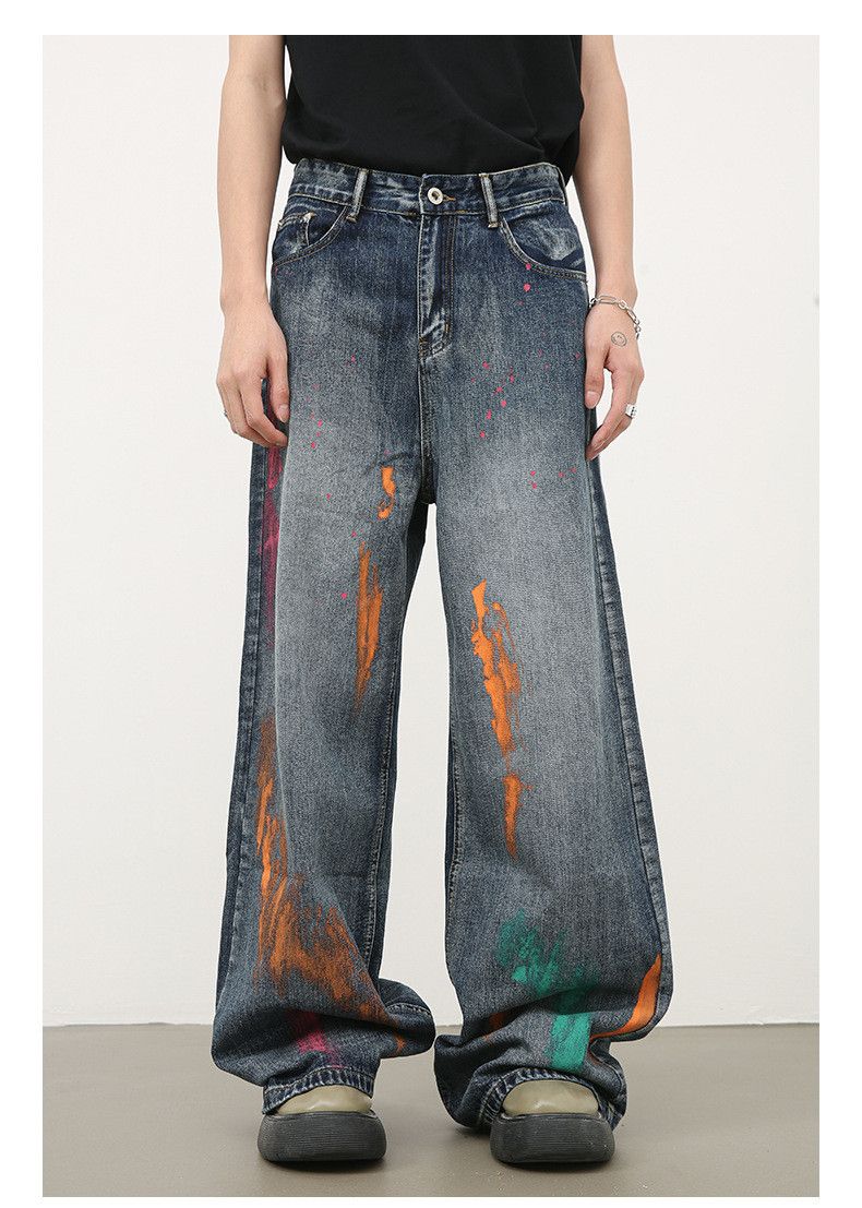 Japanese Brand × Jean Japanese retro ink-splashed loose straight jeans for men Size US 34 / EU 50 - 1 Thumbnail