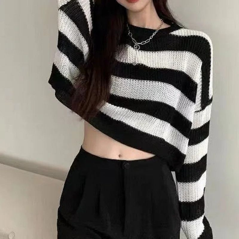 Japanese Brand × Vintage Y2K Vtg Design Cropped Sweater Knitted Stripe Grunge Ladies Size M / US 6-8 / IT 42-44 - 1 Thumbnail
