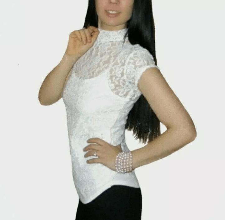 Vintage White Top Size S Women Floral Lace Sheer Mock Neck Size S / US 4 / IT 40 - 2 Thumbnail