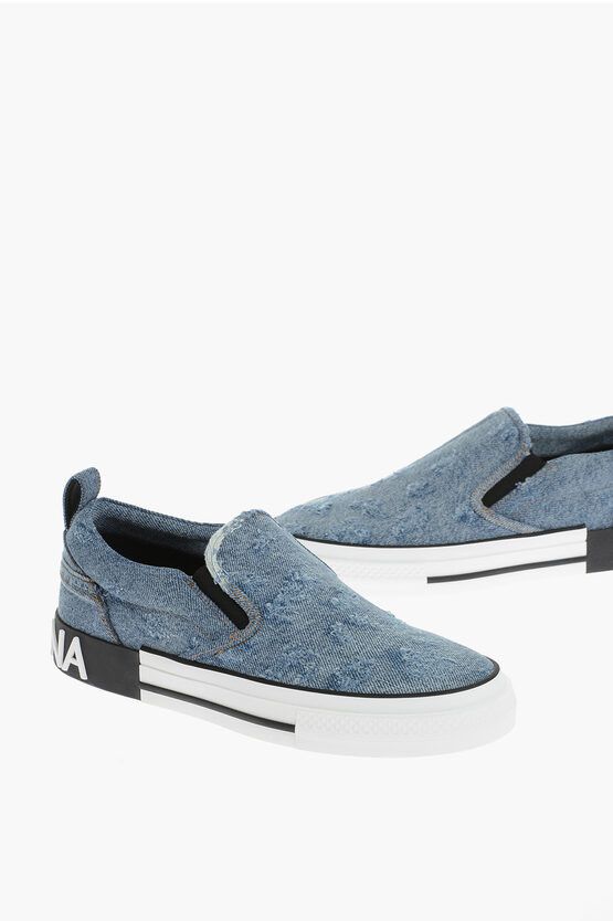 image of Dolce Gabbana Denim Slip-On Sneakers With Logoed Sole in Blue, Men's (Size 10)