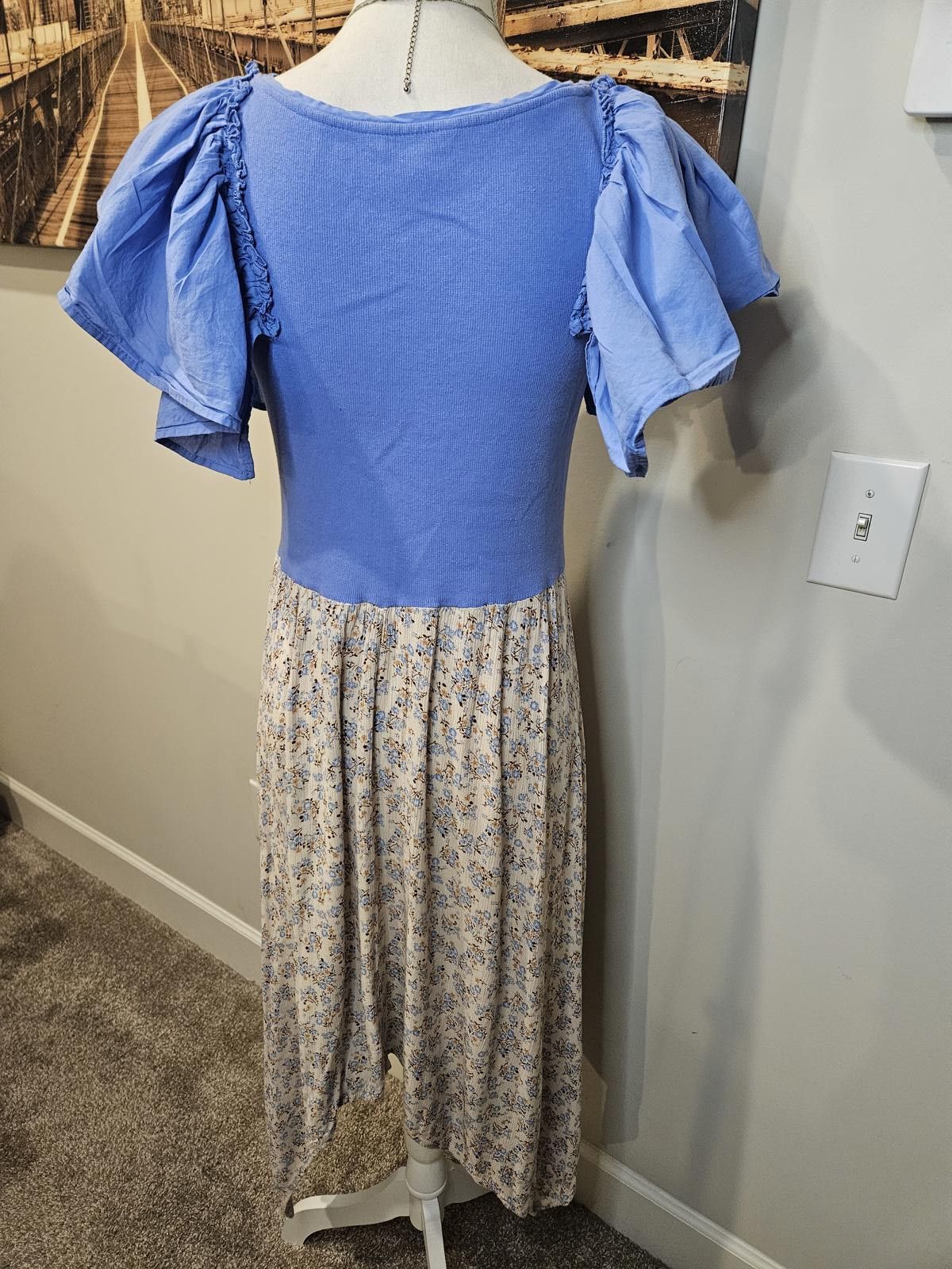 Designer Ophelia Roe Blue Floral Midi Dress with Puff Sleeves Size S / US 4 / IT 40 - 4 Thumbnail