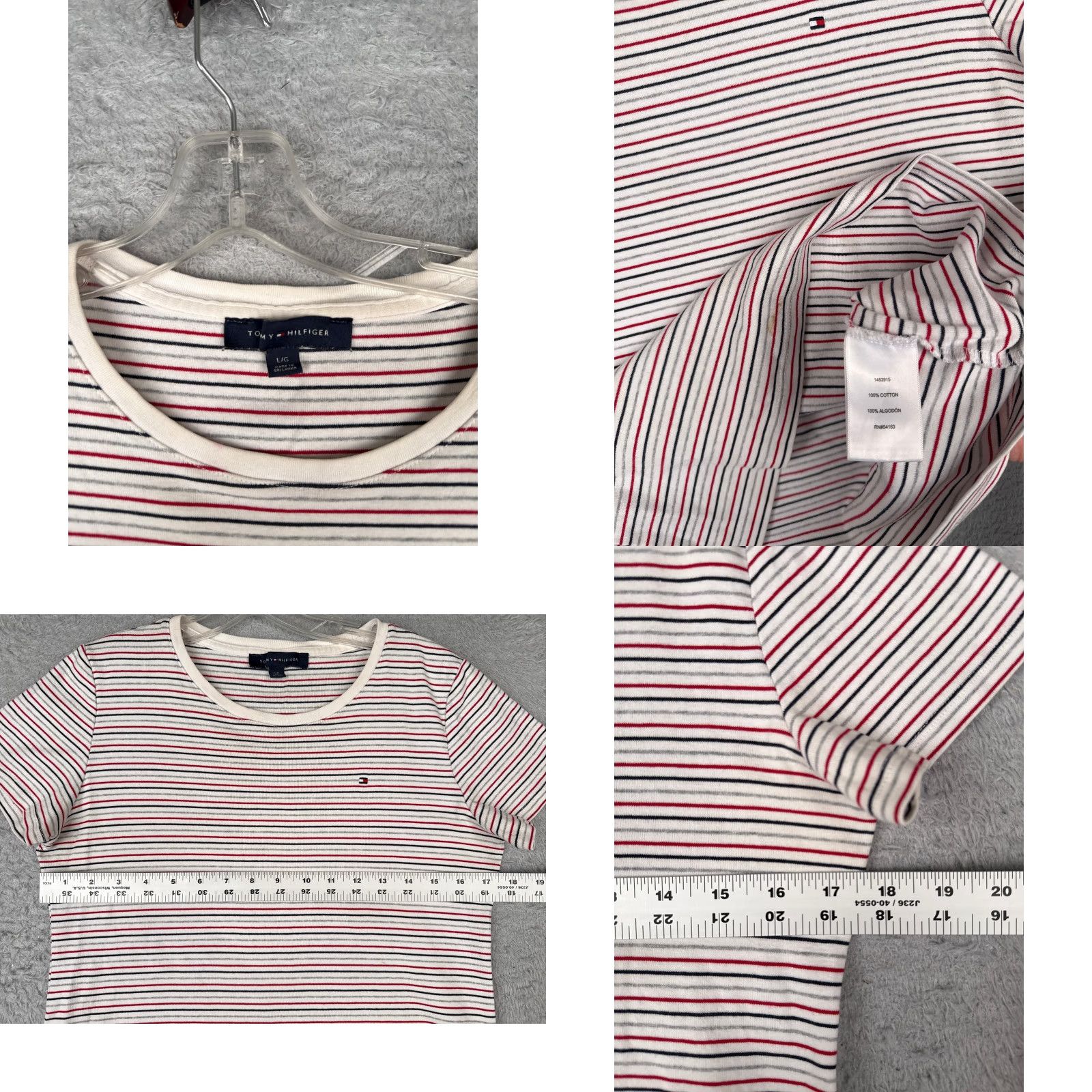 Tommy Hilfiger VINTAGE Tommy Hilfiger Shirt Women L Red Gray Stripe Crew Cotton Short Sleeve Logo, 90s, Designer, American, Casual Womens Size L / US 10 / IT 46 - 8 Thumbnail