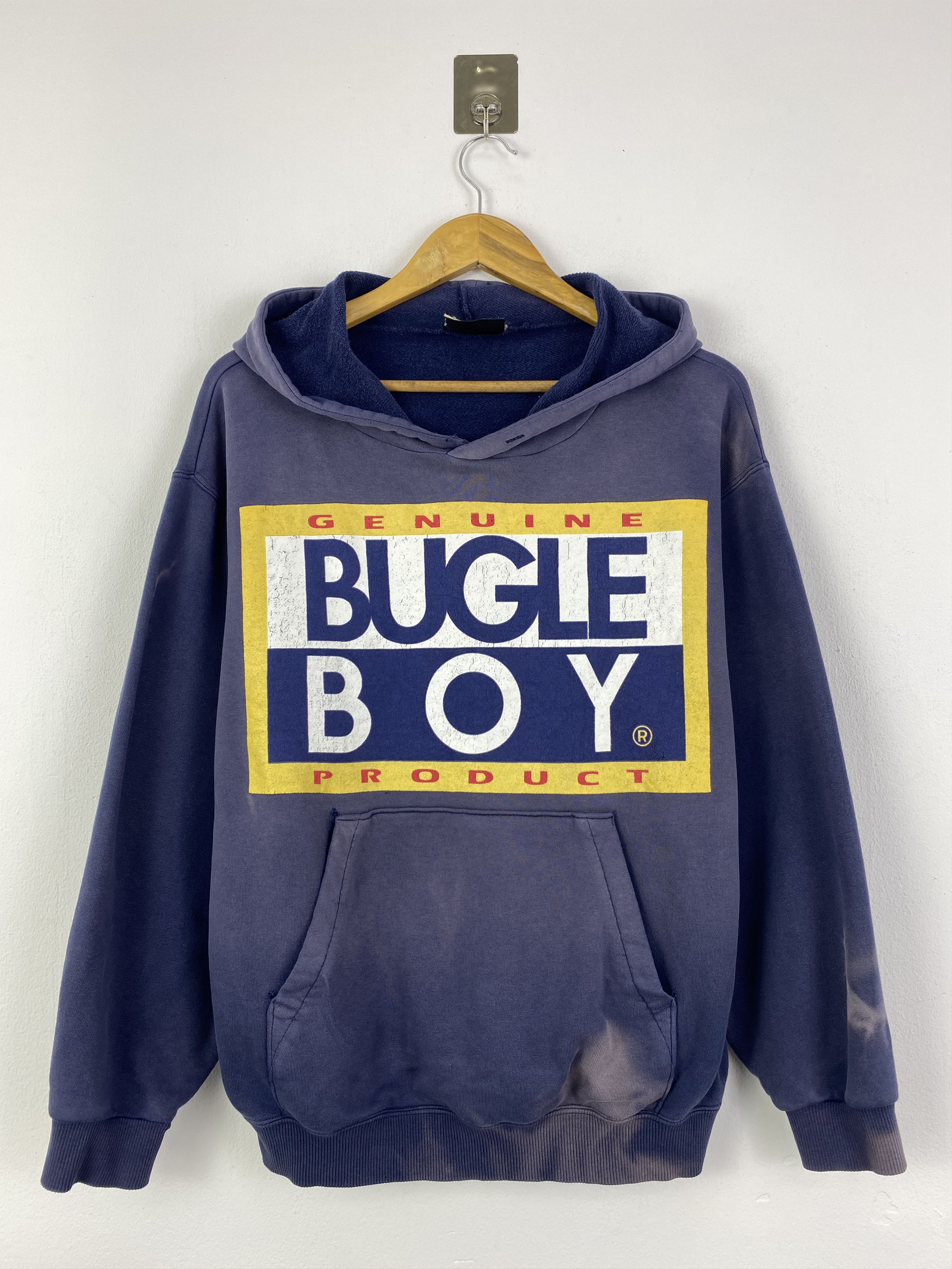 Bugle Boy 90s Vintage Bugle Boy Logo Box Bleach Faded Hoodie SH0122 |  Grailed, image size:3500x4667