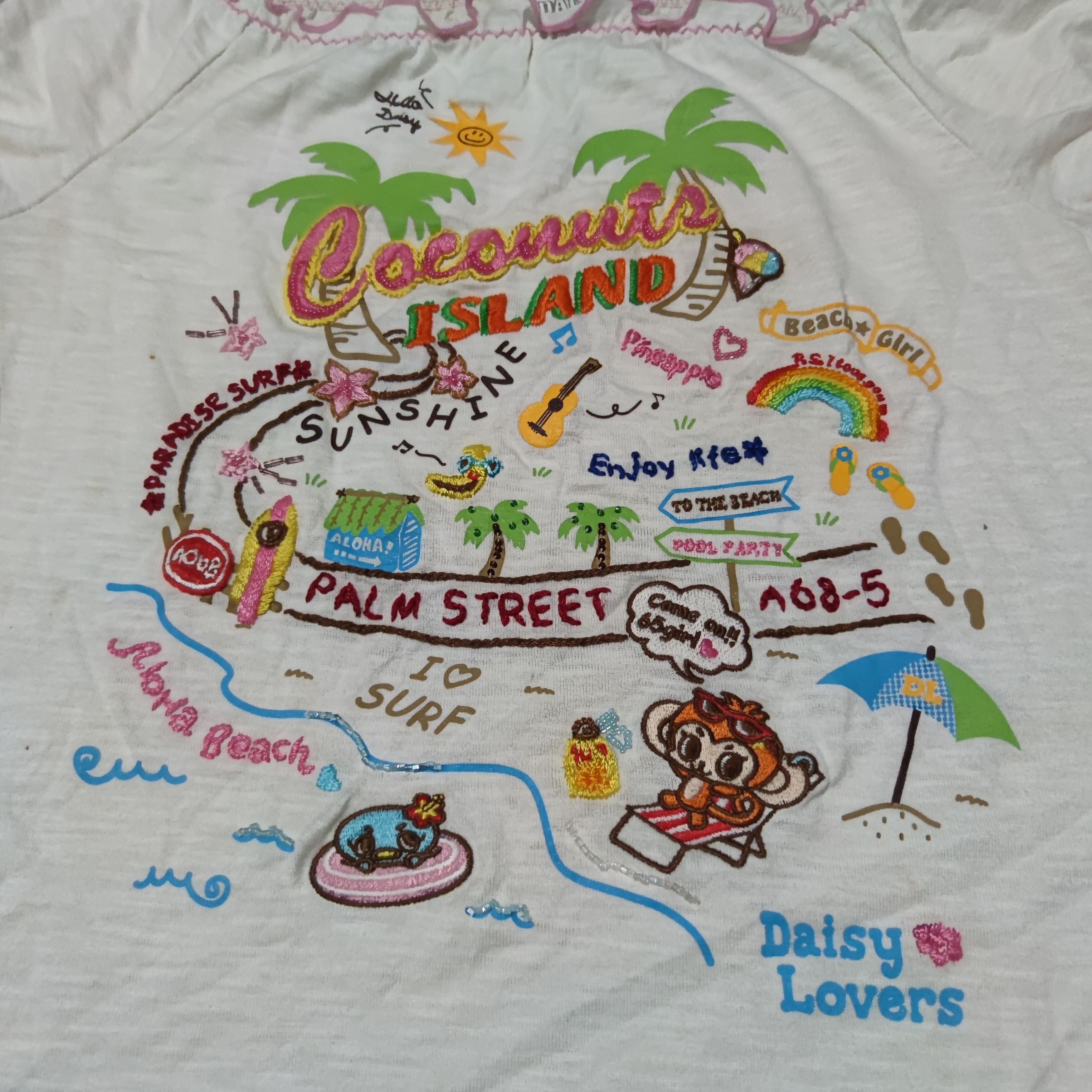 Angel Blue × Hysteric Glamour × Japanese Brand 2000s Daisy Lovers Coconuts Island Embroidered T Shirt Size L / US 10 / IT 46 - 3 Thumbnail