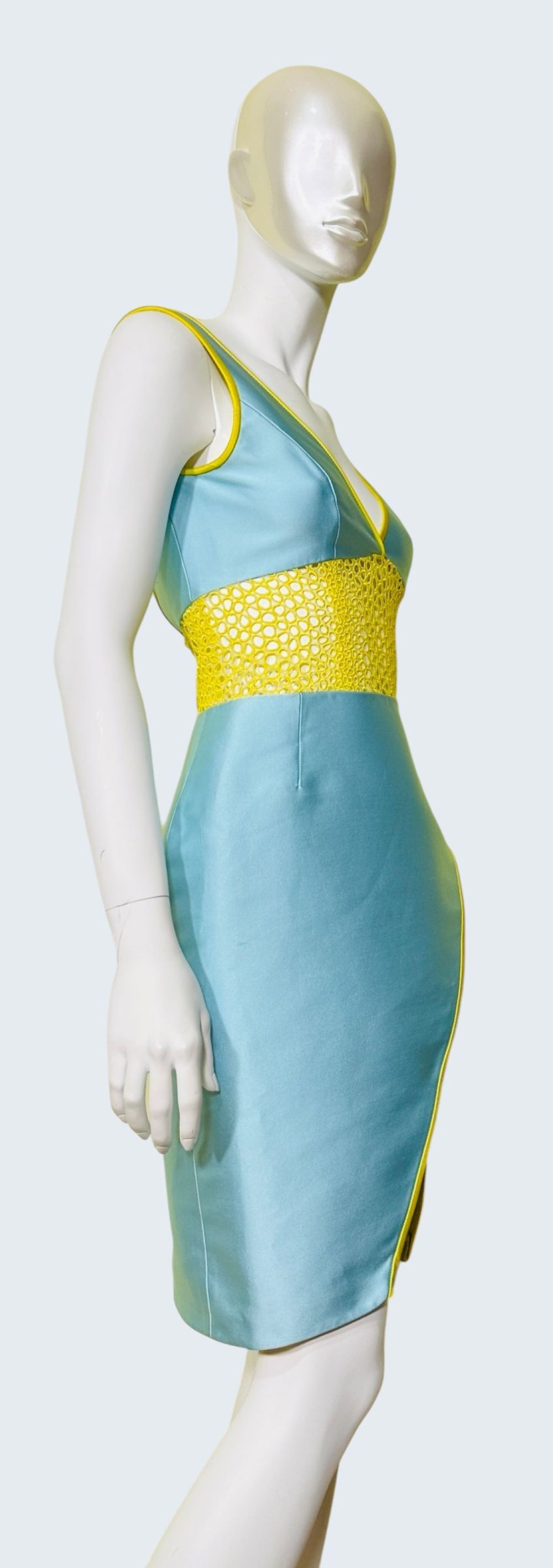 Other Angel Sanchez Blue Silk Dress with Yellow Embellished Waist Size M / US 6-8 / IT 42-44 - 3 Thumbnail