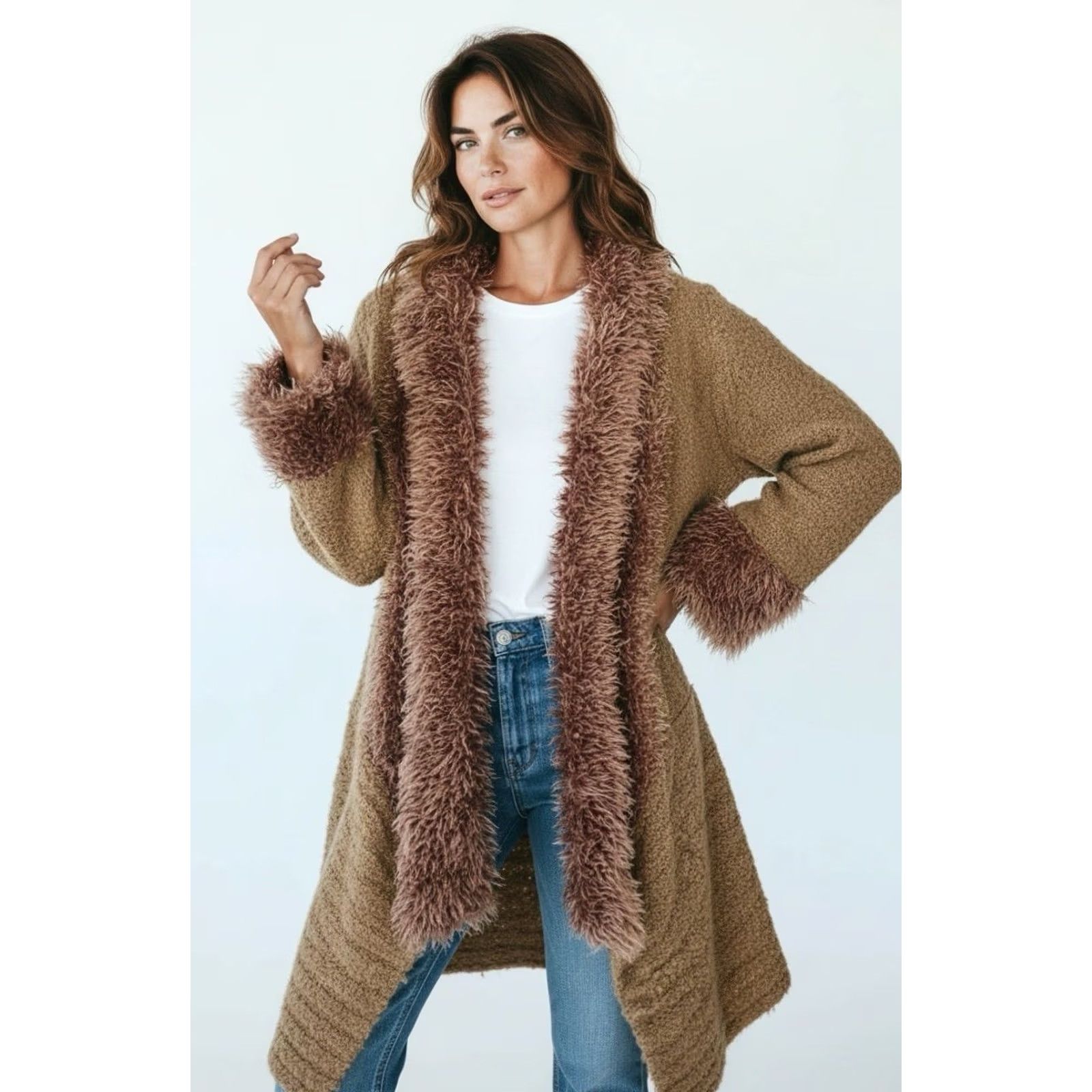 Vintage Noelle Women Cardigan Sweater OS Brown Linen Cashmere Blend Faux Fur Trim Open Front Size ONE SIZE - 2 Thumbnail