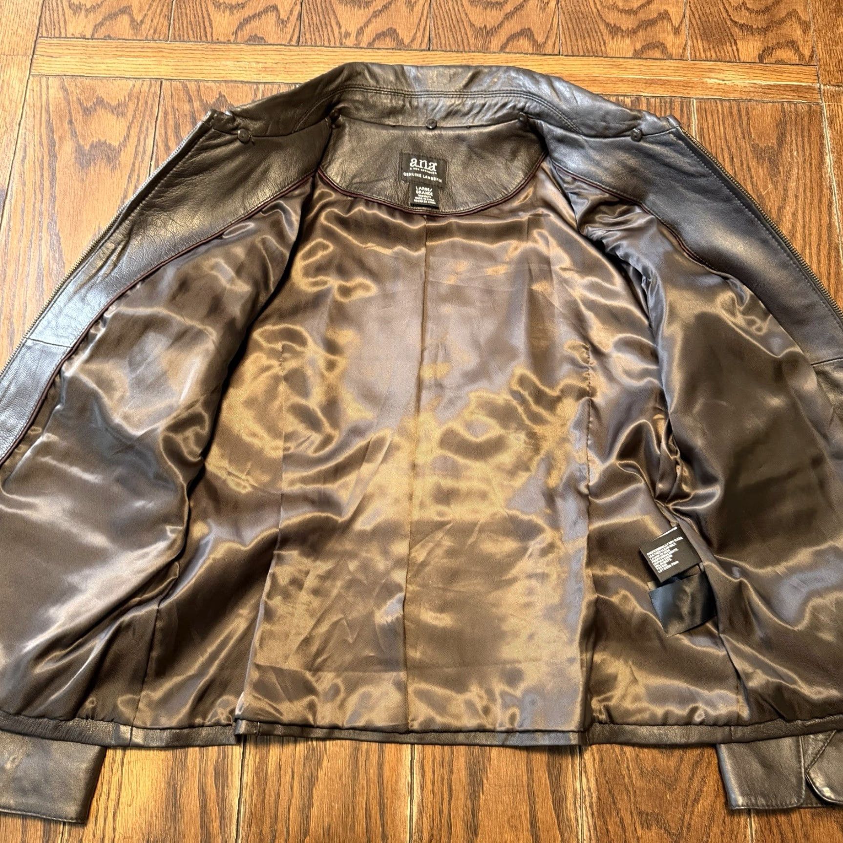 Vintage a.n.a Leather Jacket Womens Large Dark Brown Genuine Lambskin Zip Pocket Buckle Size L / US 10 / IT 46 - 3 Thumbnail