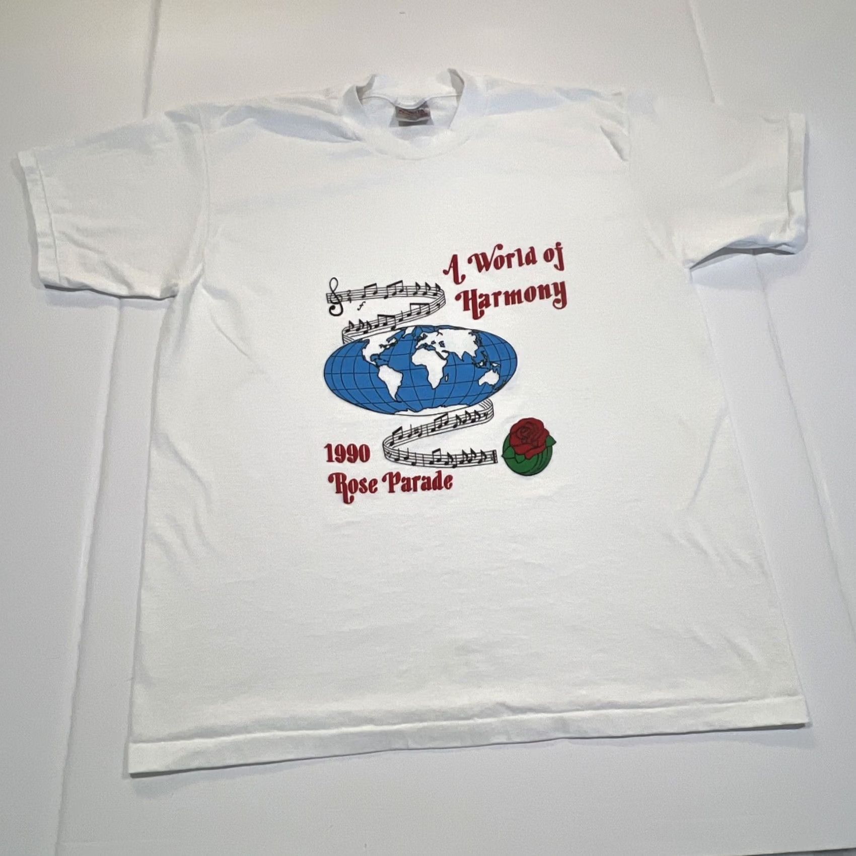 Vintage VINTAGE 1990 Rose Parade Shirt XL Graphic A World Of Harmony Single stitch White Unisex Cotton Original Tee Oneita Size US XL / EU 56 / 4 - 3 Thumbnail