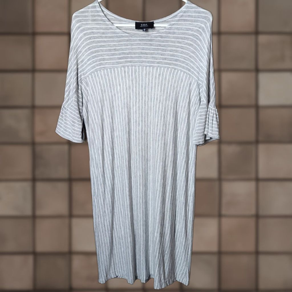 Coal COA Made in California Gray/White Stripe Ruffle Half Sleeve Dress S Womens Knee Length Button Pullover Shift Pattern Striped Size S / US 4 / IT 40 - 1 Thumbnail