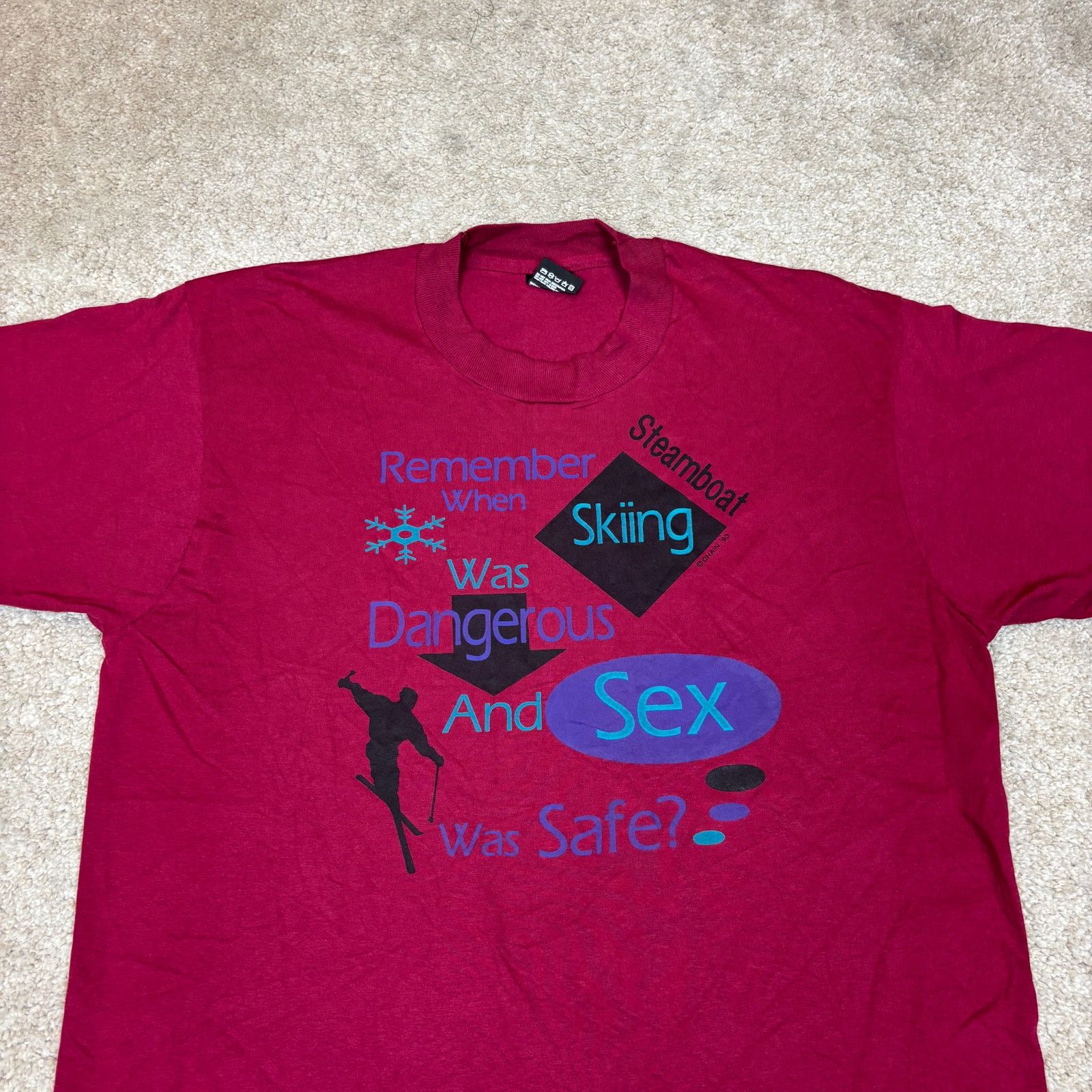 Fruit Of The Loom × Vintage VTG 90s Remember Skiing Dangerous Sex Safe Shirt Large Funny Size US L / EU 52-54 / 3 - 2 Thumbnail