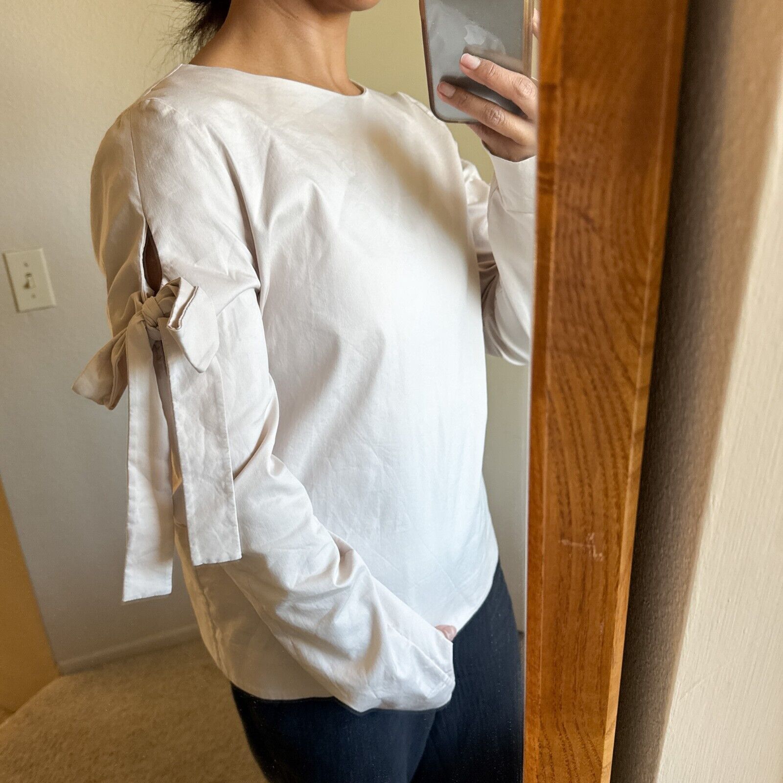 Cos COS Bow Sleeve Ties Accent Long Sleeve Top Beige Taupe Sz 6 Size M / US 6-8 / IT 42-44 - 2 Thumbnail