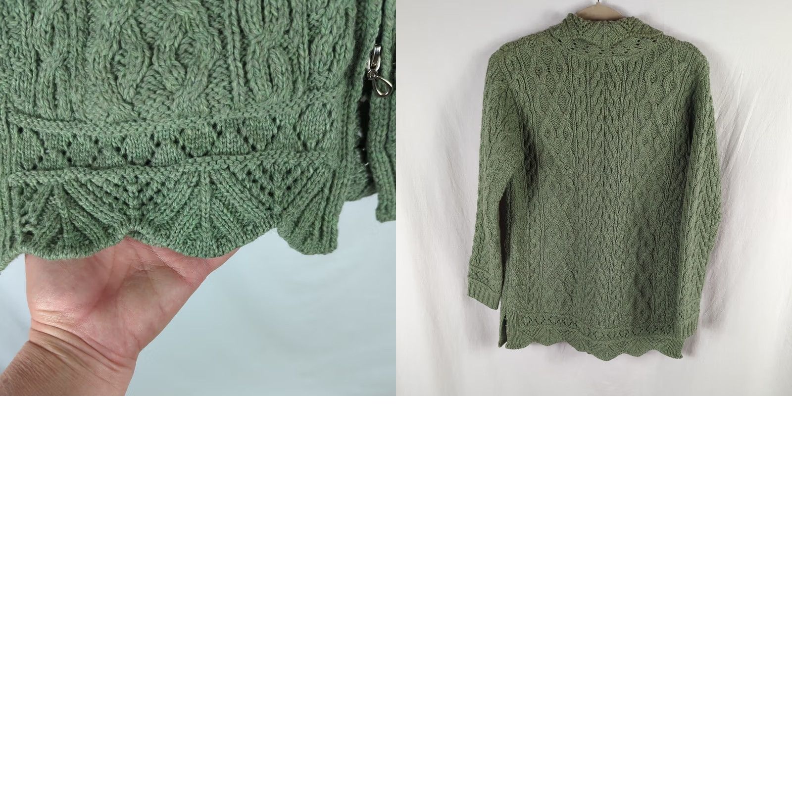 Vintage Inis Crafts Sweater Womens S Cable-Knit Merino Wool Full Zip Green Size S / US 4 / IT 40 - 8 Thumbnail