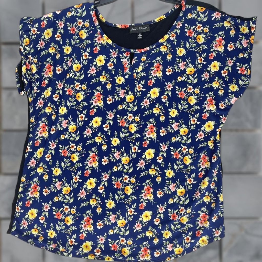Vintage Star Vixen Top Women Plus 2X Short Sleeve Floral Blue Shirt cadastro? Size XXL / US 16-18 / IT 52-54 - 1 Thumbnail