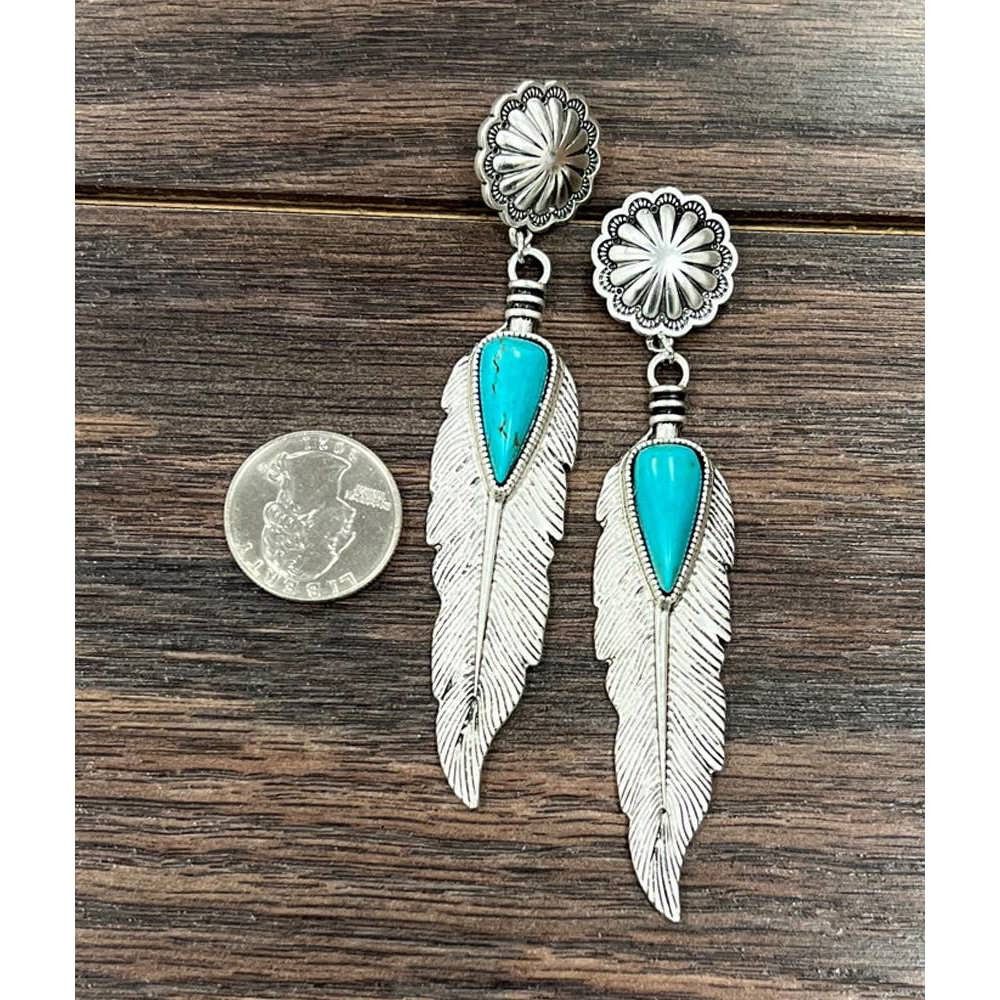 Other Feather Turquoise Post Earrings 4 Inches Long Antique Silver Size ONE SIZE - 2 Thumbnail