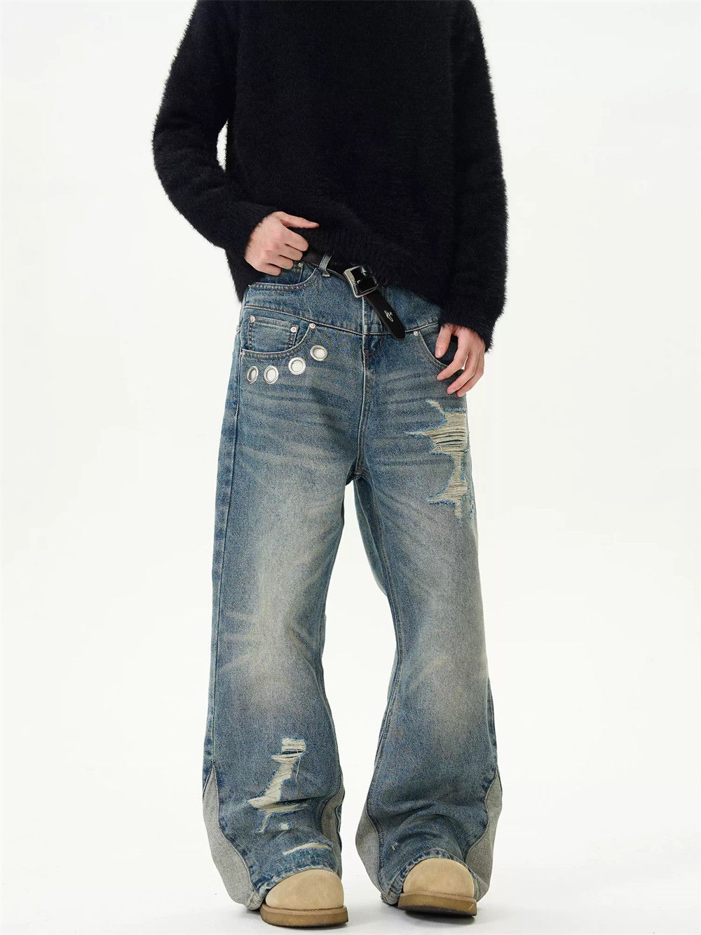 Jean × Vintage Ripped Spliced Jeans Distressed Retro Loose Size US 30 / EU 46 - 3 Thumbnail