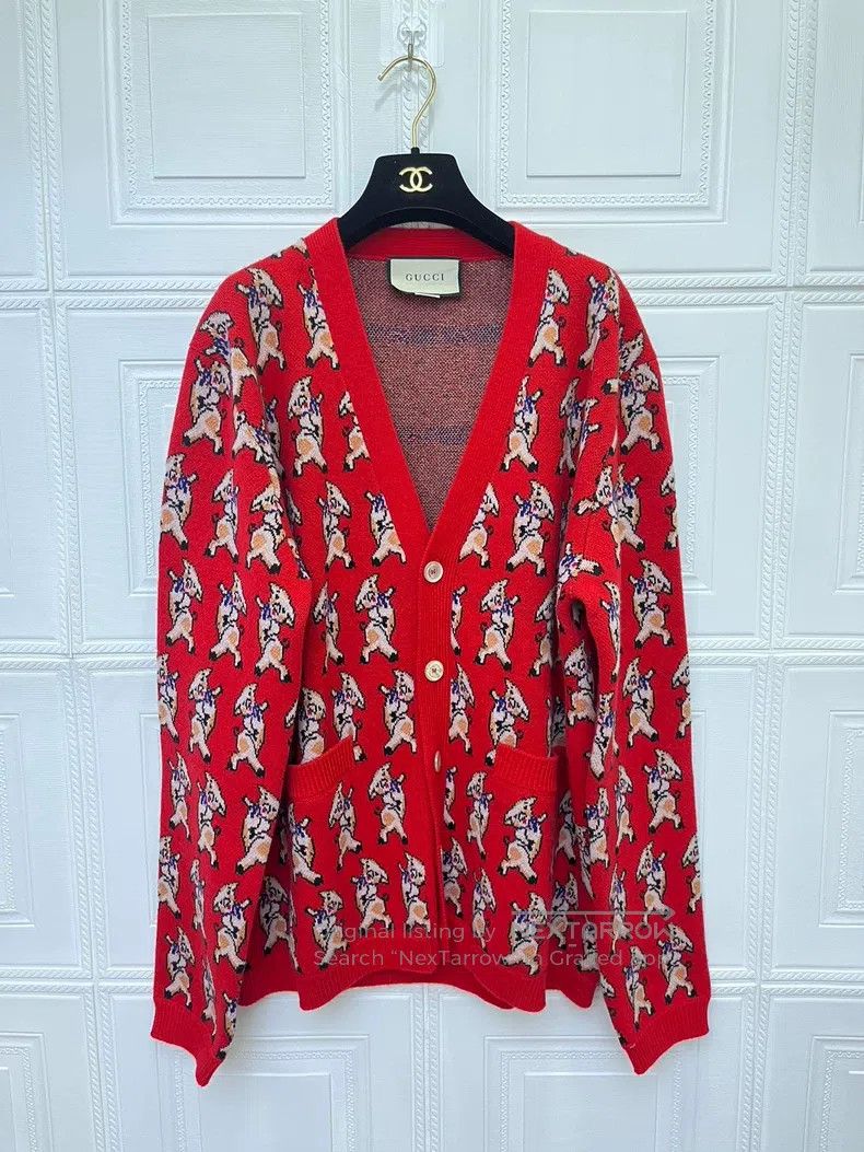 Gucci Gucci Red Piglet Sweater Cardigan coat Size L / US 10 / IT 46 - 1 Thumbnail