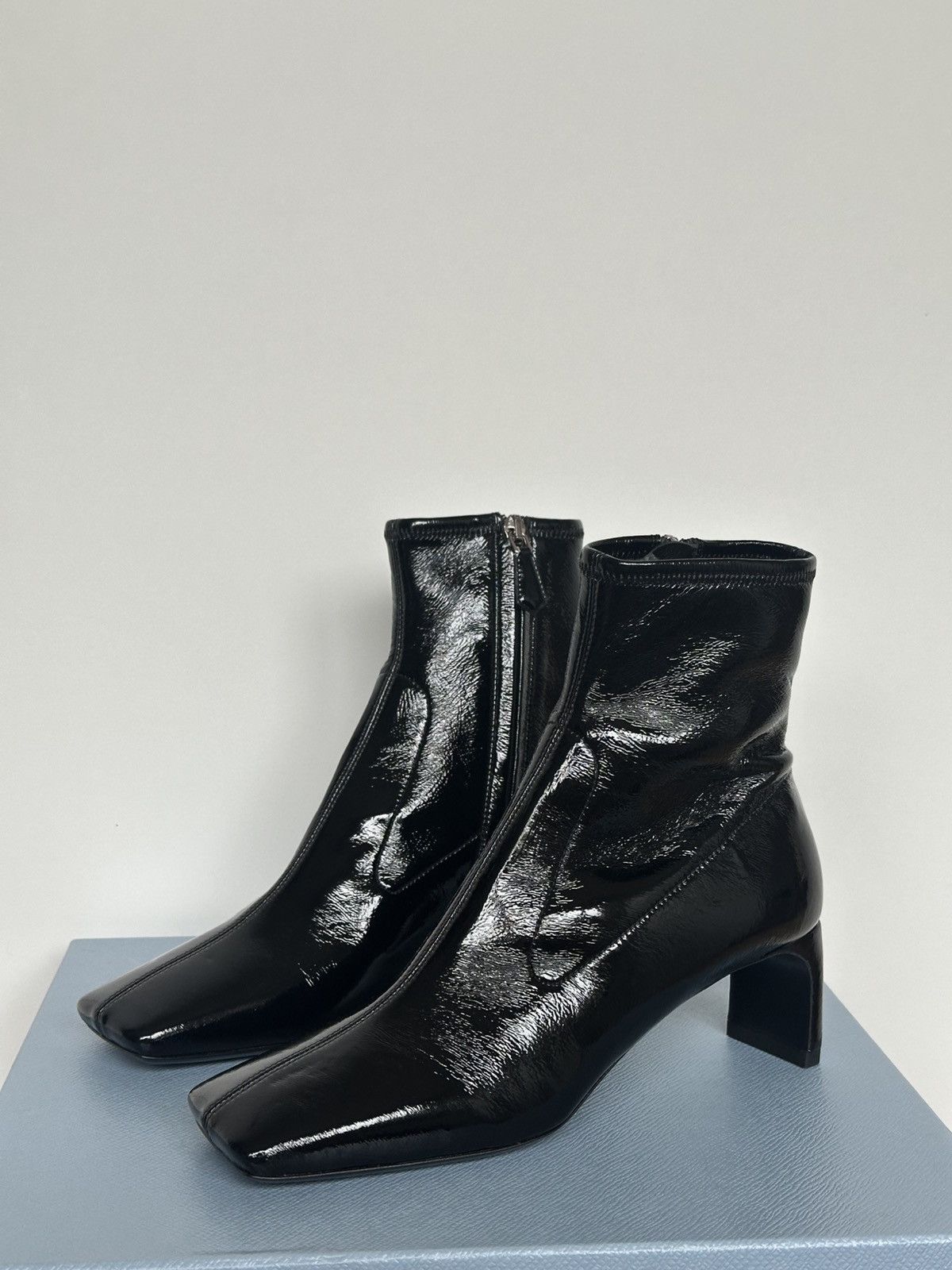 Designer × Prada NEW PRADA Patent Naplak Tech Square Toe Ankle Boots Size US 6 / IT 36 - 1 Thumbnail