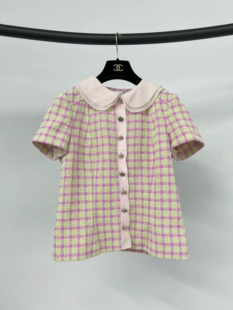 Chanel Chanel 25S pink plaid doll collar short-sleeved jacket Size XS / US 0-2 / IT 36-38 - 1 Thumbnail