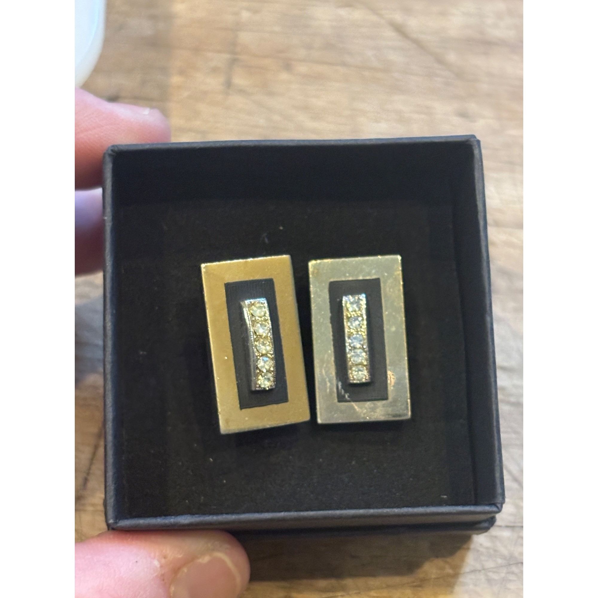 Other Vintage Gold-Tone Rectangular Cufflinks With Rhinestone & Bl Size 40 - 4 Thumbnail