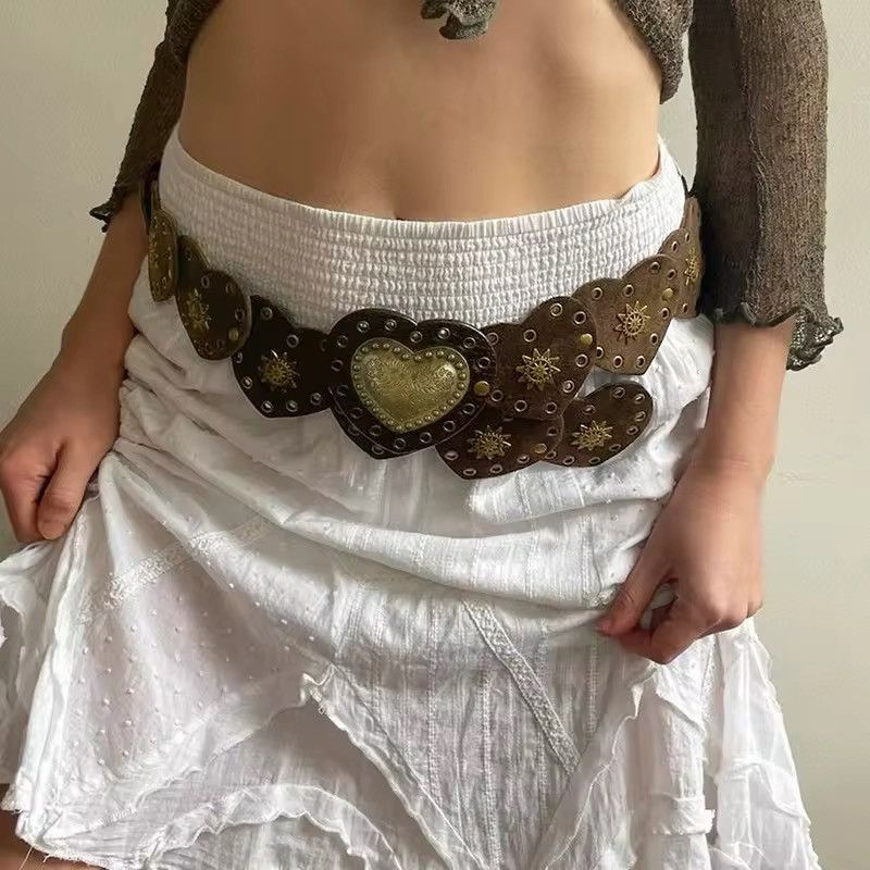 Leather × Vintage Brown PU Leather Pinned Heart Shape Bohemian Style Belt Size ONE SIZE - 1 Thumbnail