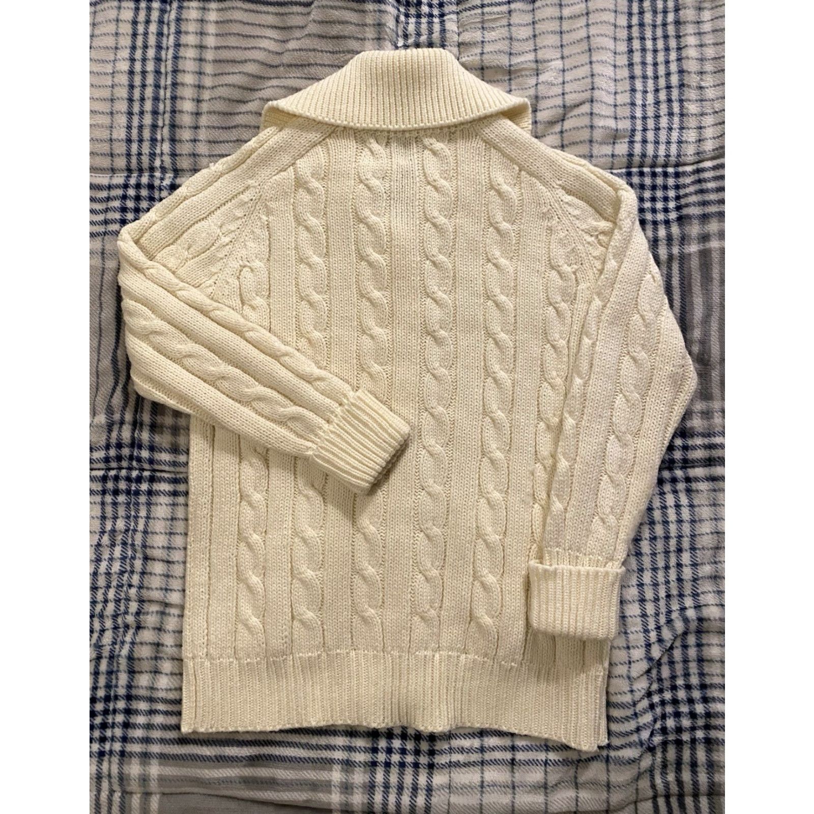 Sears VINTAGE Sears Cardigan Woman's Cable Knit Fisherman Shawl Collar Medium 1970s Ivory M Regular Casual Arts & Crafts Size M / US 6-8 / IT 42-44 - 2 Thumbnail