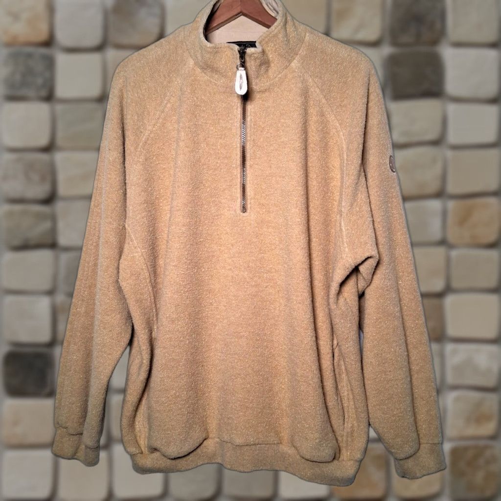 CLOT Straight Down Jacket Mens XL Pullover 1/4 Zip Fleece Tan Cotton Blend Terry Cloth USA Made Size US XL / EU 56 / 4 - 1 Thumbnail
