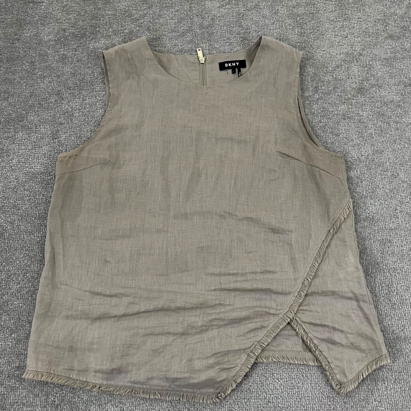 DKNY DKNY Top Womens Large Brown 100% Linen Lagenlook Asymmetrical Back Zip Shirt N/A Size L / US 10 / IT 46 - 2 Thumbnail