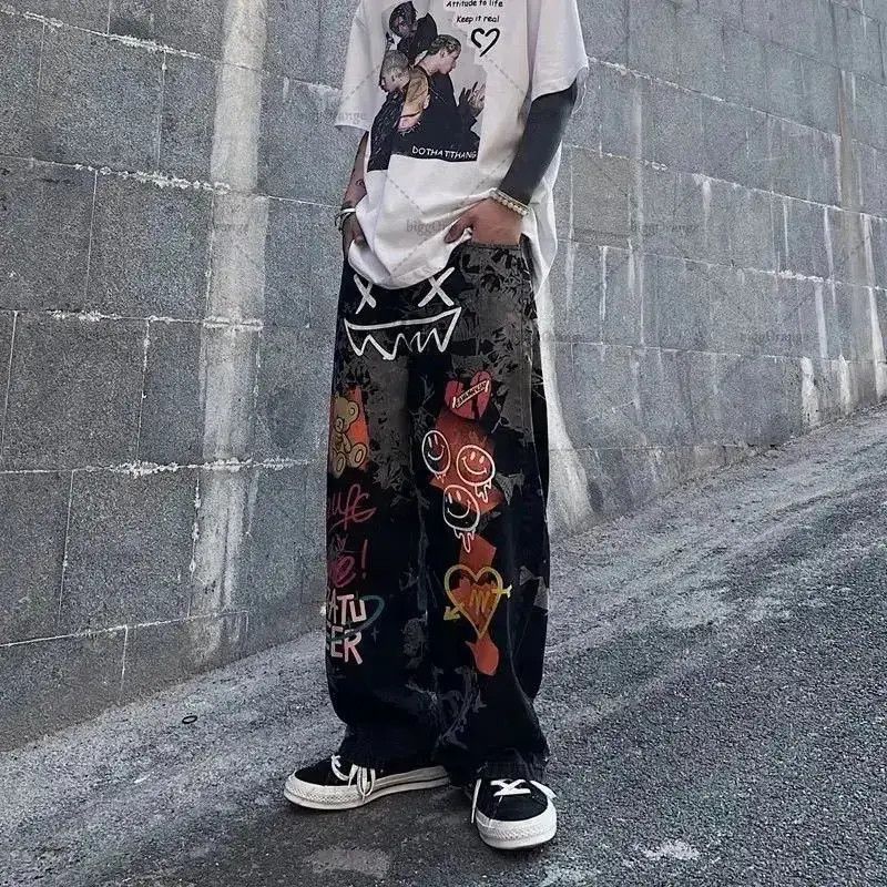 Japanese Brand Straight Wide Leg Pants Graffiti Print Casual Jeans Y2k Size US 32 / EU 48 - 1 Thumbnail