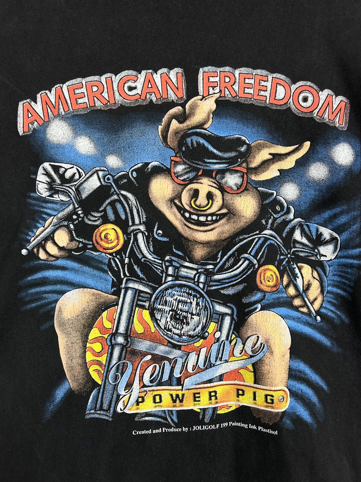 90s Vintage 3D Emblem Style Biker Pig Single Stitch T-Shirt