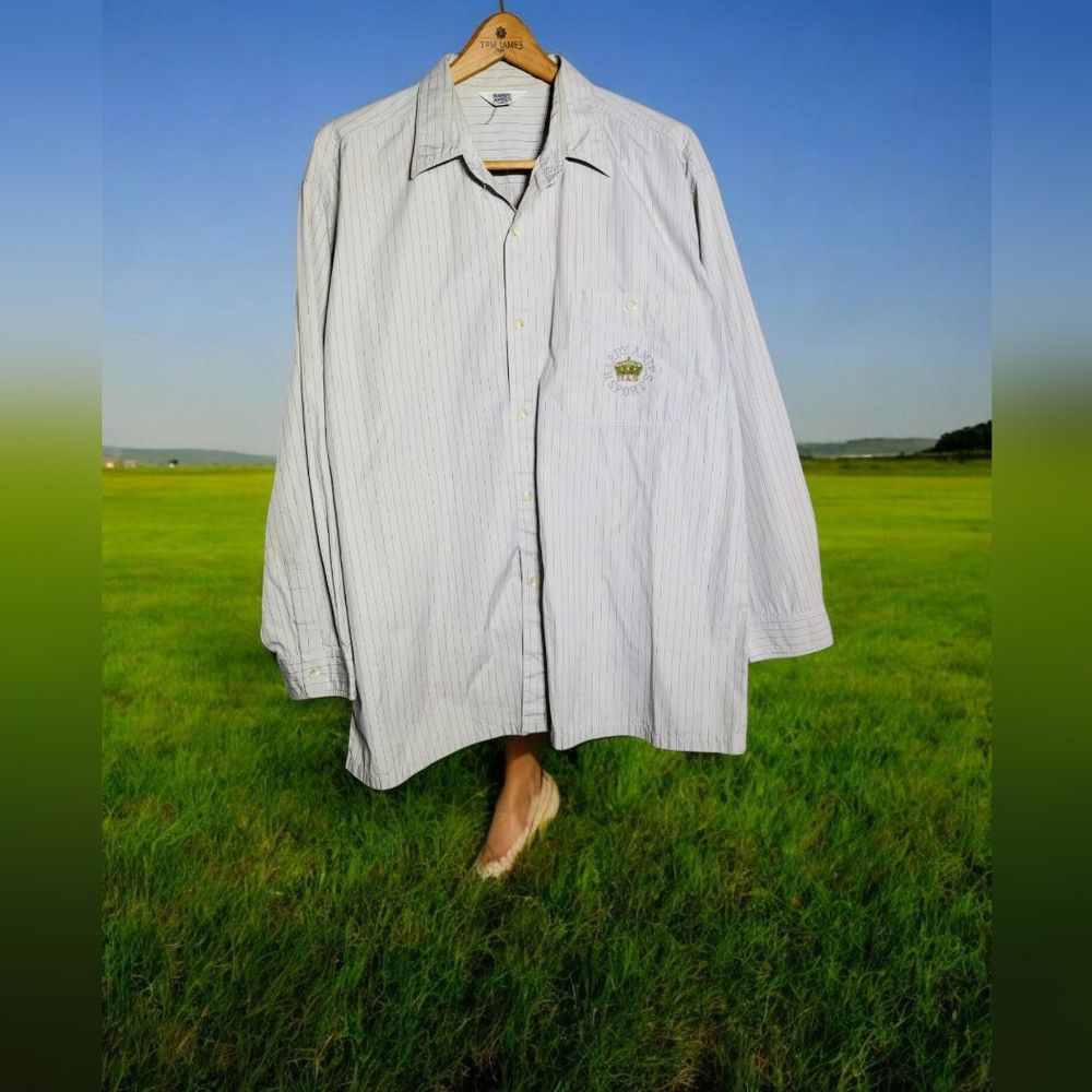 Hardy Amies Hardy Aimes Sz L Tan Striped Button-Up Shirt with Embroider Size US L / EU 52-54 / 3 - 1 Thumbnail
